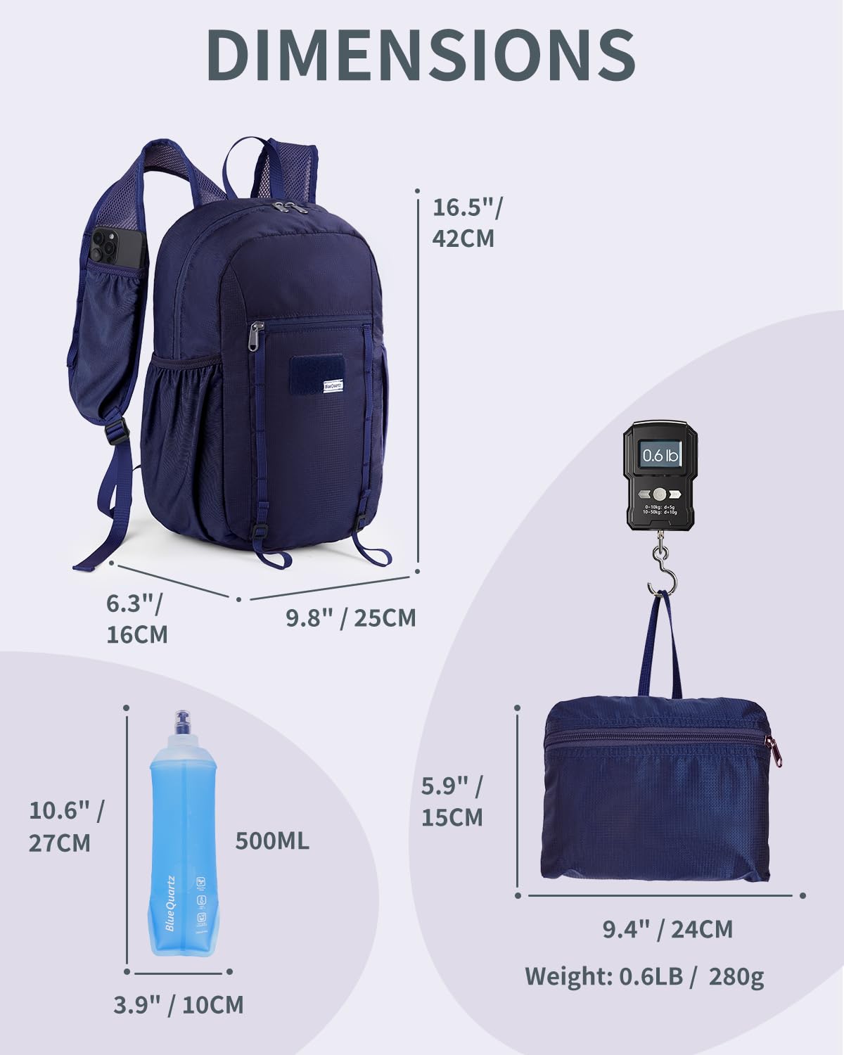 Blue Quartz 15L Ultralight Hiking Backpack, Foldable