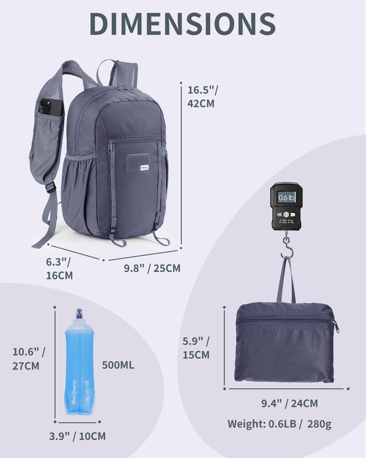 Blue Quartz 15L Ultralight Hiking Backpack, Foldable