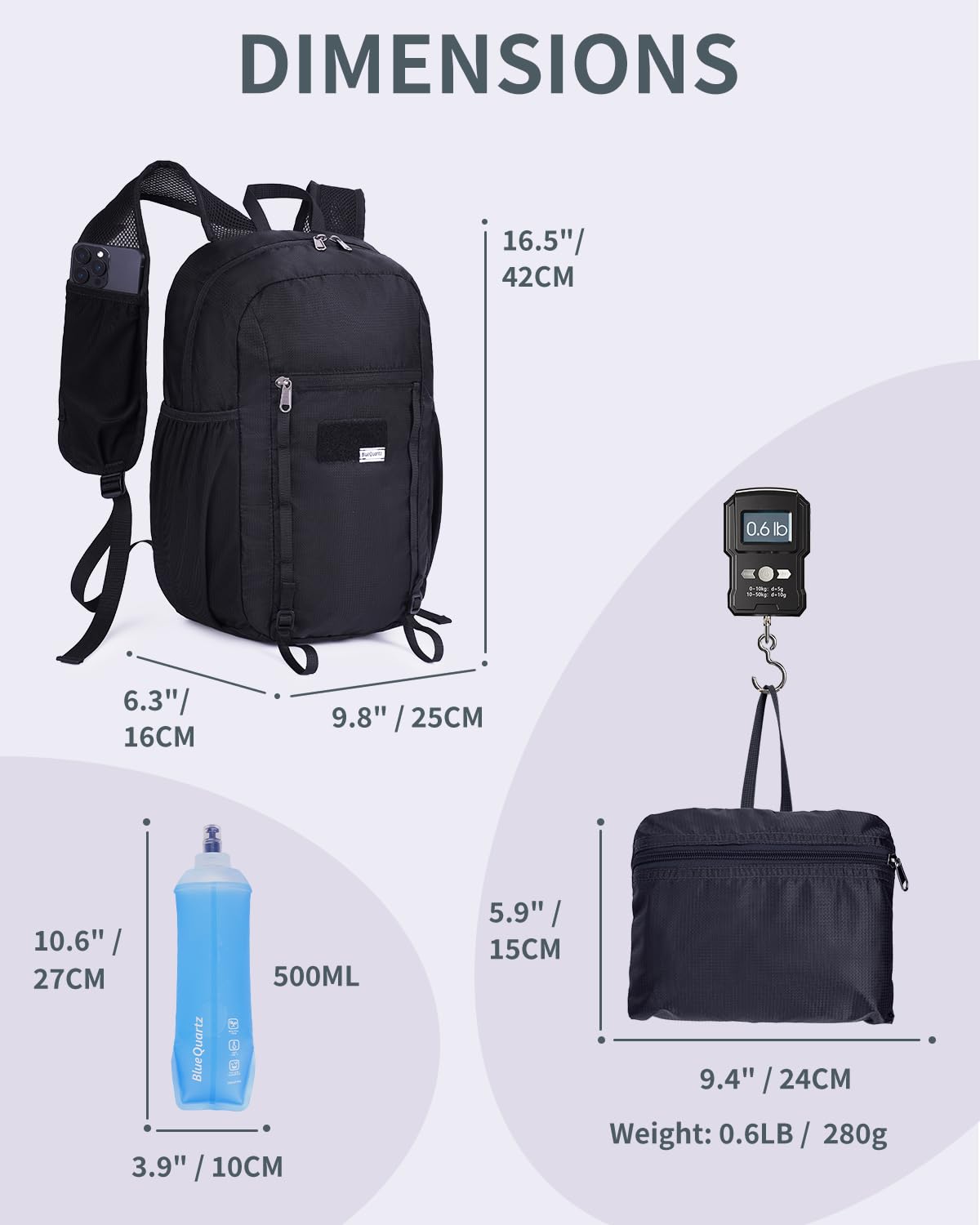 Blue Quartz 15L Ultralight Hiking Backpack, Foldable