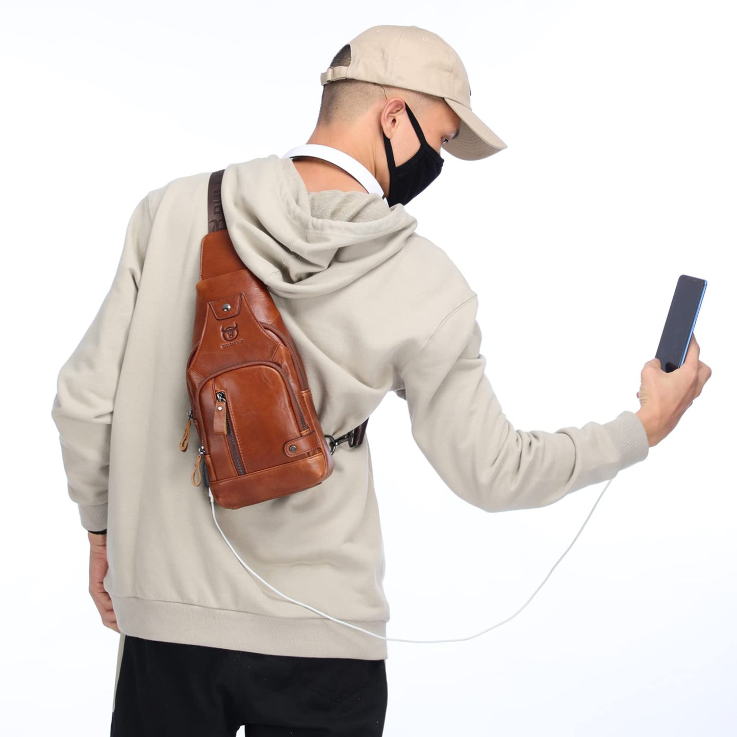 LUKZIJAES Genuine Leather Sling Bag for Men