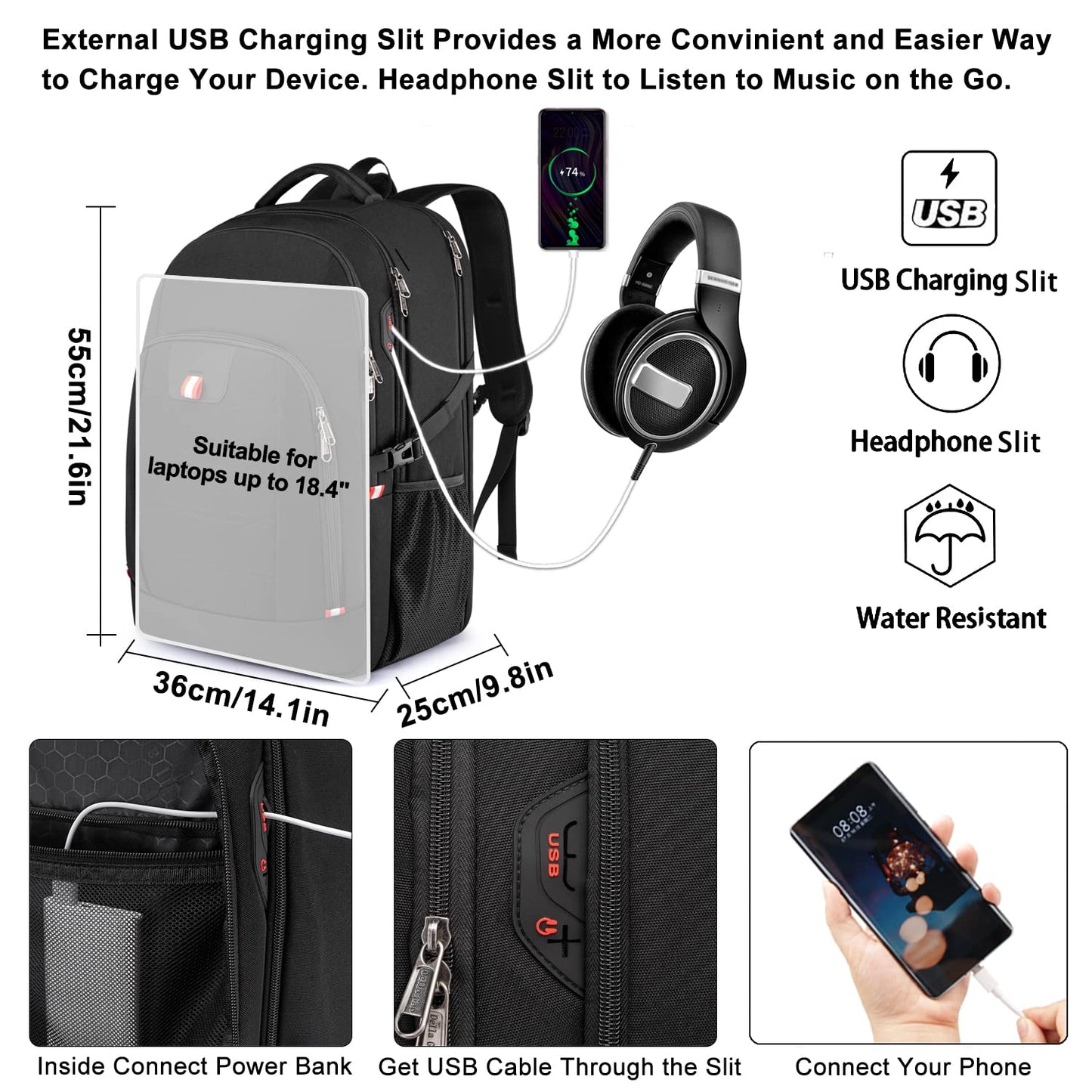 Travel Laptop Backpack, Black Backpack for Men and Women