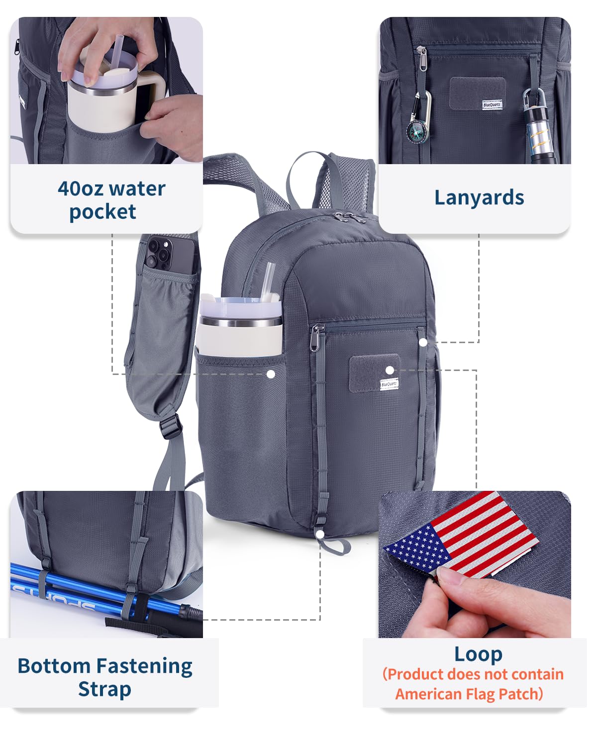 Blue Quartz 15L Ultralight Hiking Backpack, Foldable