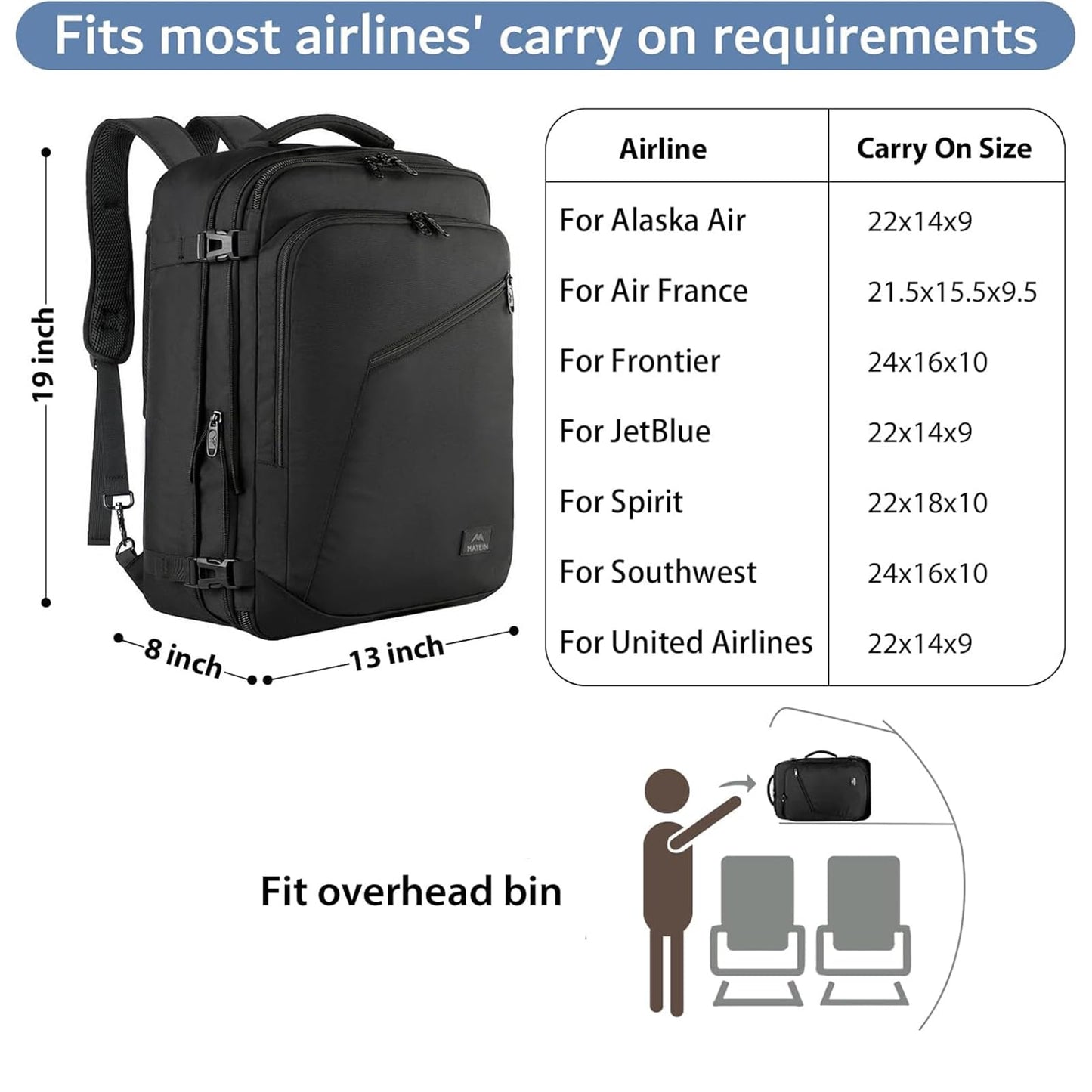MATEIN 40L Carry-On Travel Backpack, Black