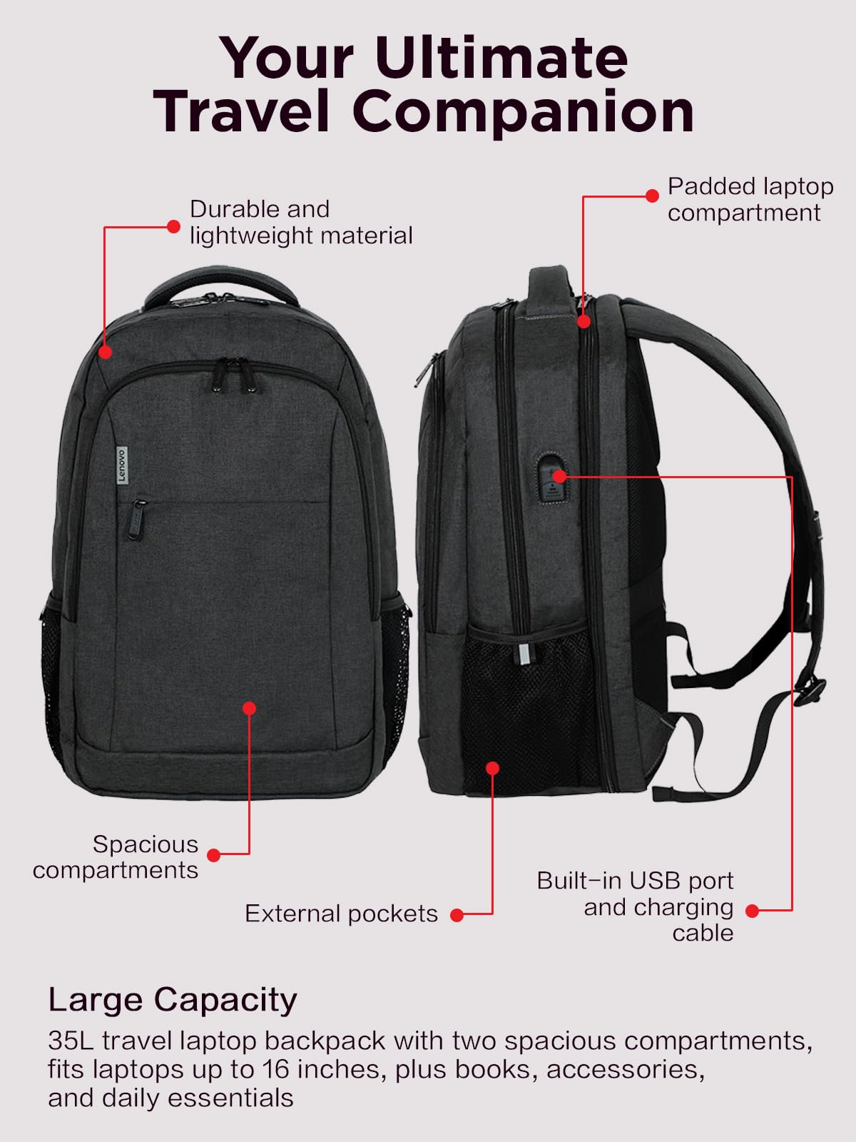 Lenovo 16" ECO Laptop Backpack, Black