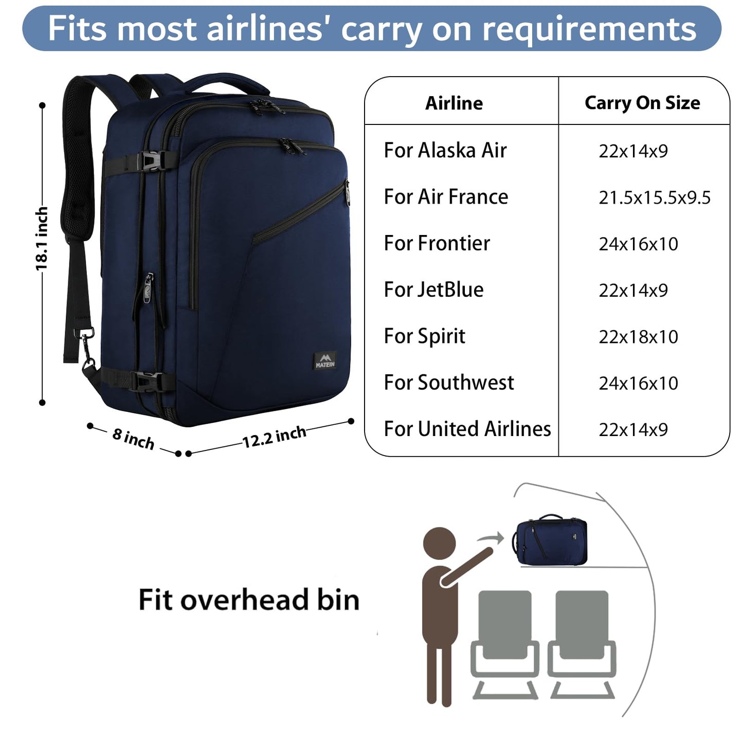 MATEIN 40L Carry-On Travel Backpack, Black