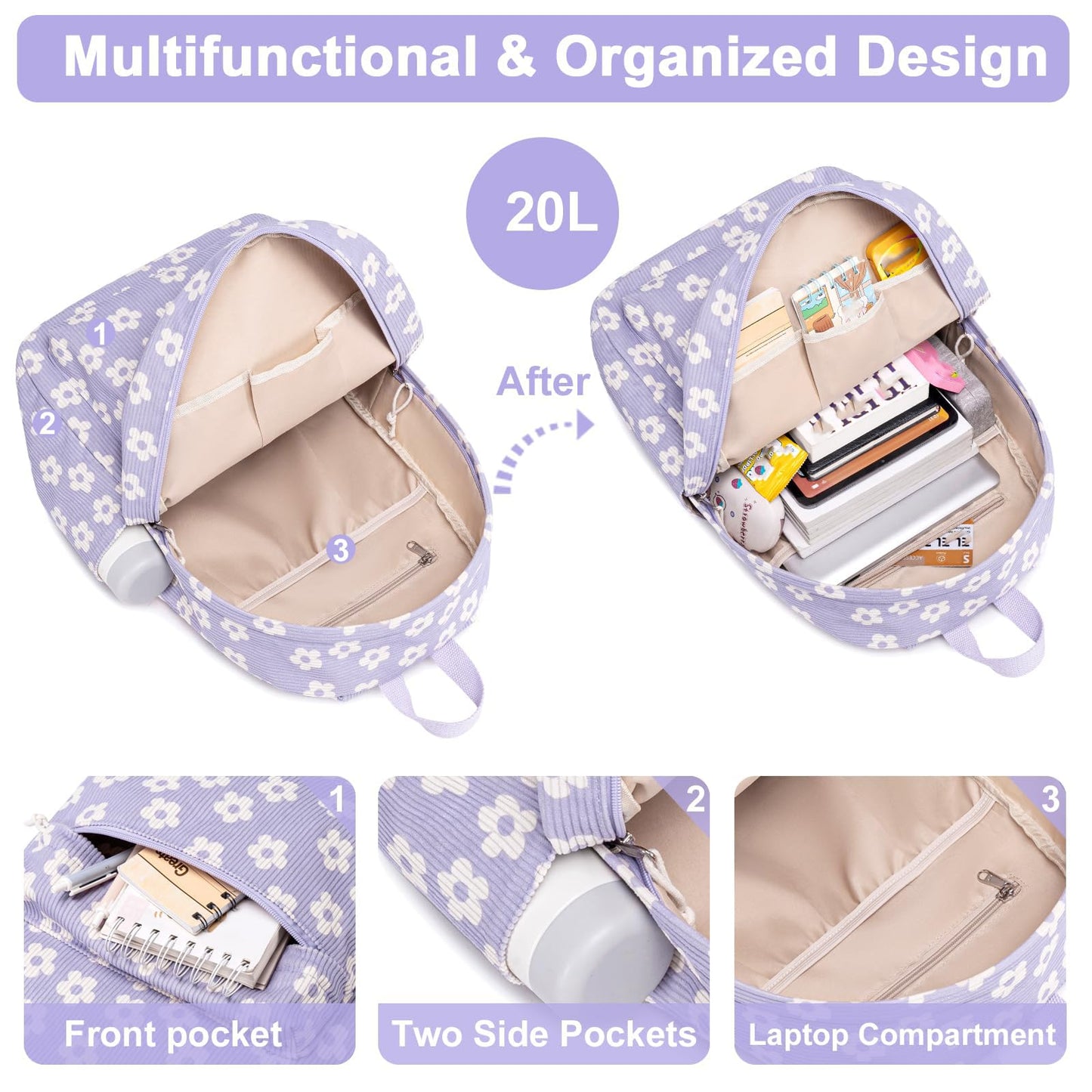 School Backpack for Teen Girls & Women, Corduroy