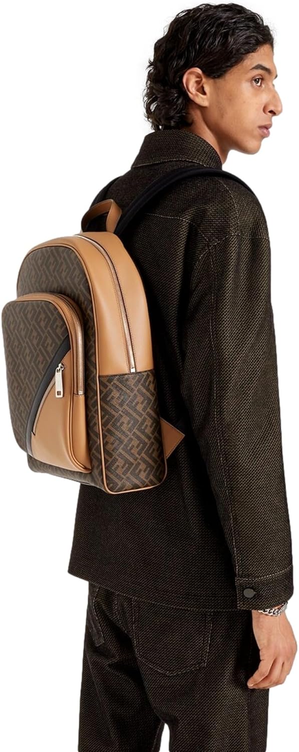 FENDI Men's FF Logo Backpack with Diagonal Pattern, Brown