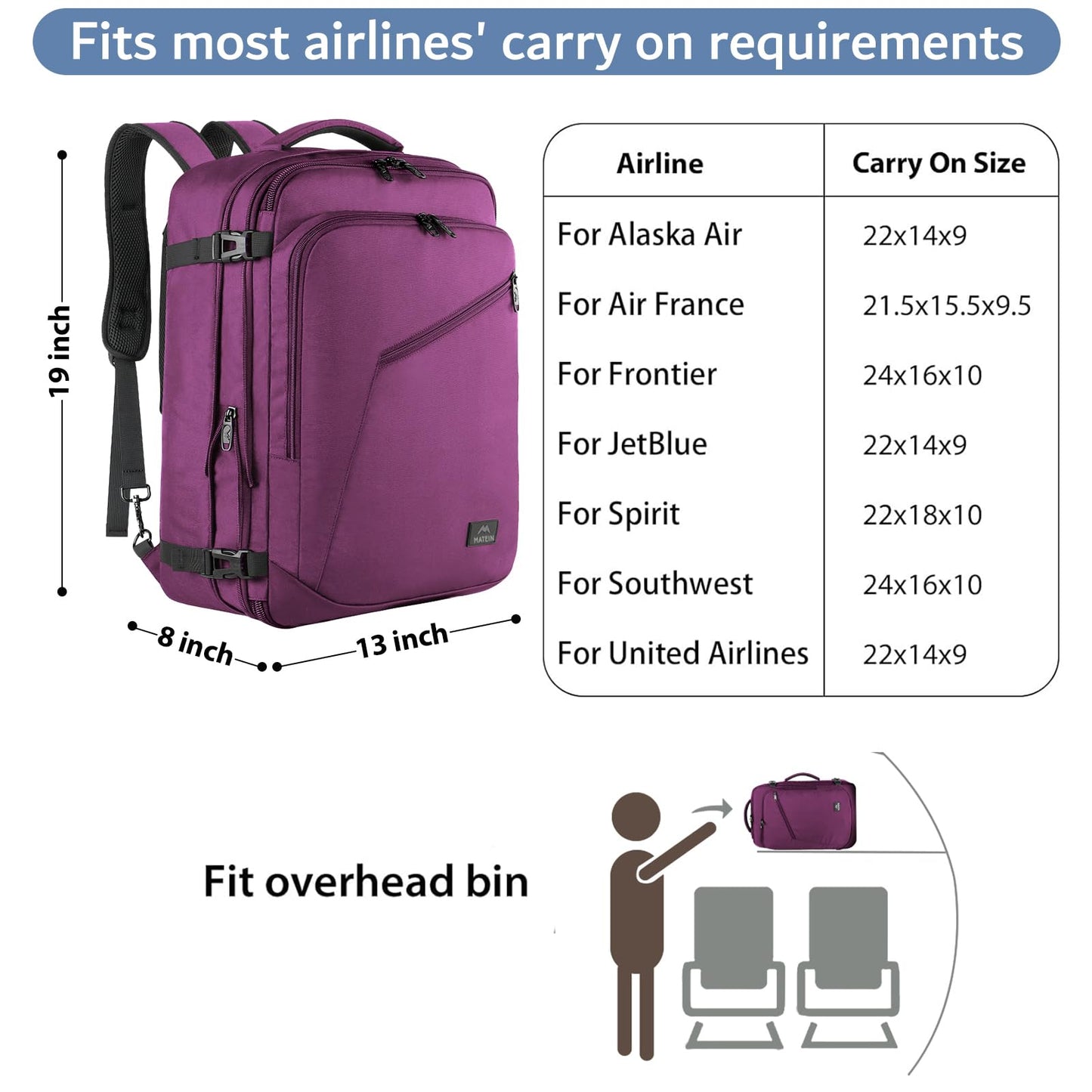 MATEIN 40L Carry-On Travel Backpack, Black