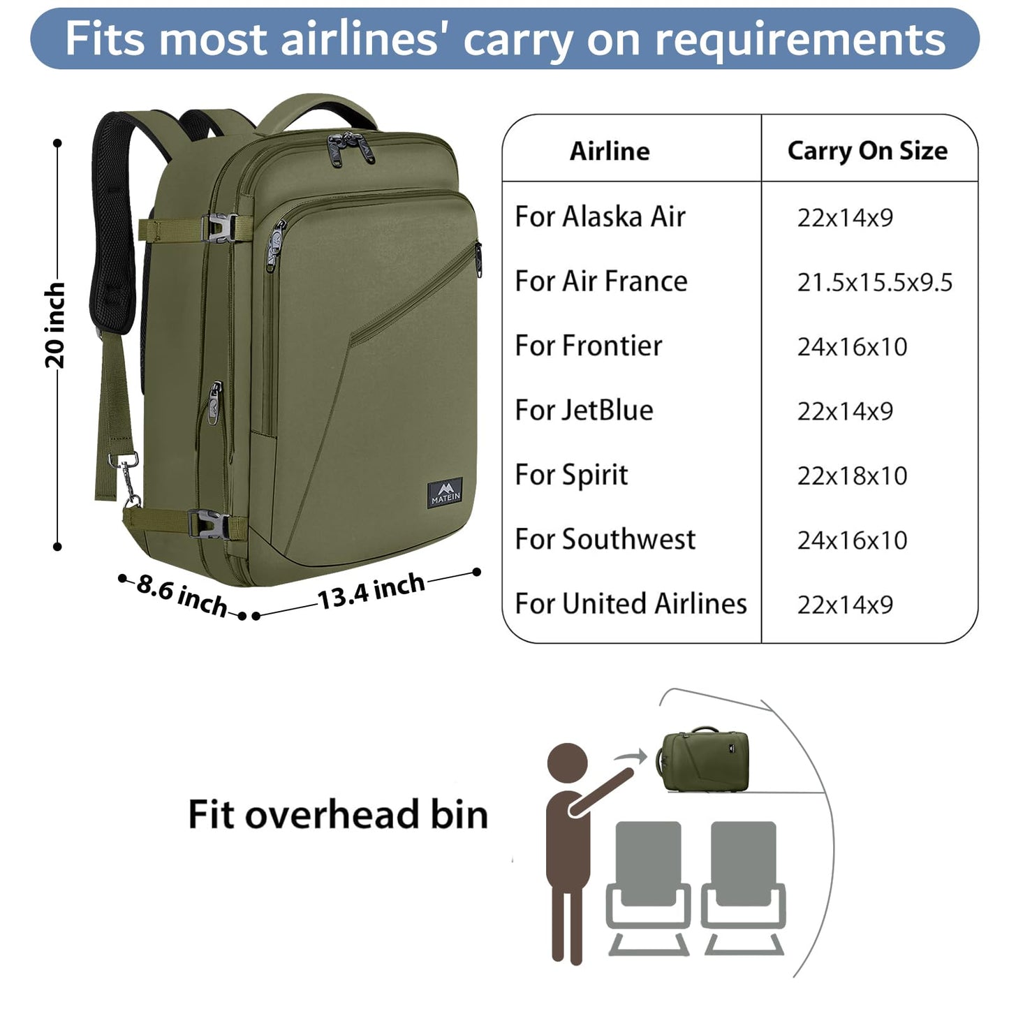 MATEIN 40L Carry-On Travel Backpack, Black