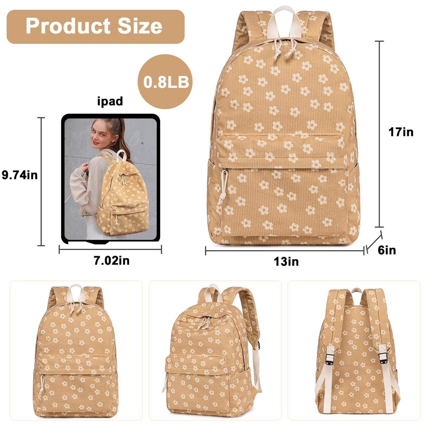School Backpack for Teen Girls & Women, Corduroy