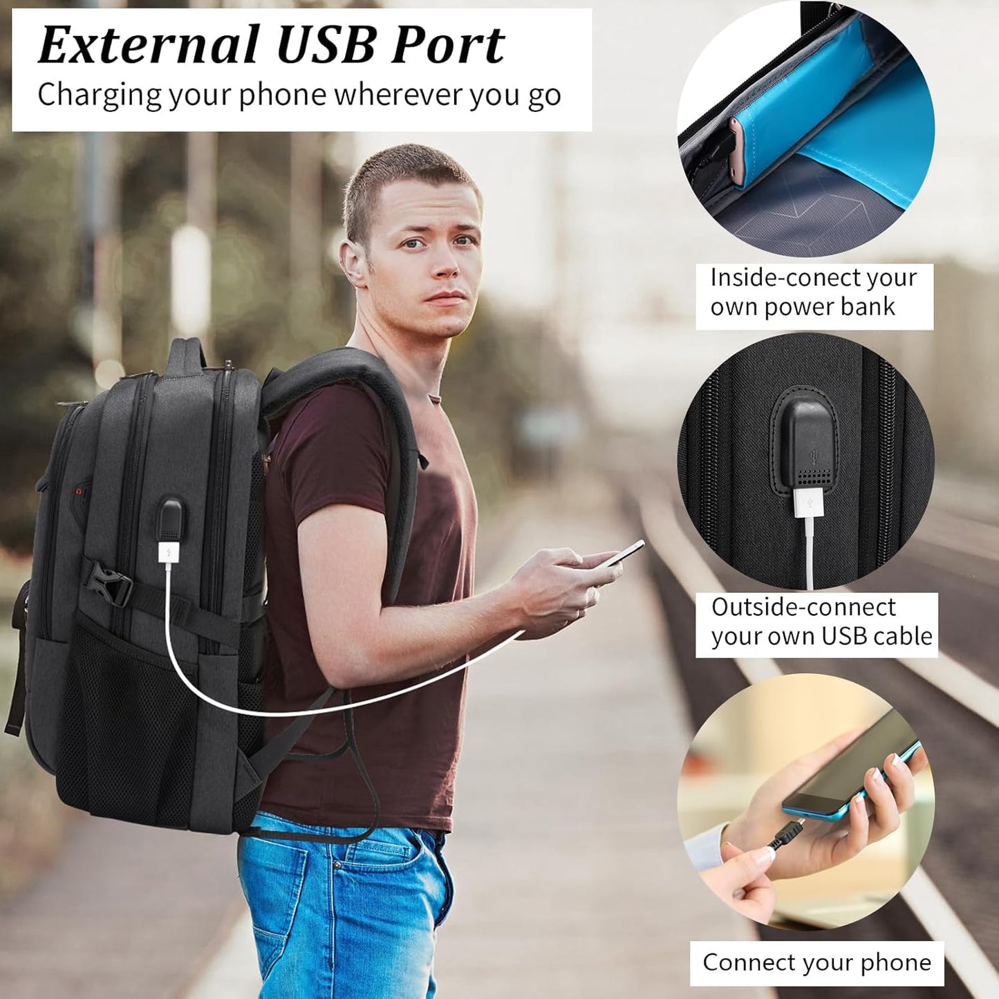 DUSLANG 17" Travel Laptop Backpack with USB, Black