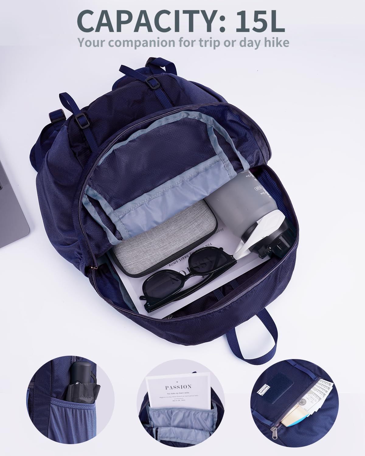 Blue Quartz 15L Ultralight Hiking Backpack, Foldable