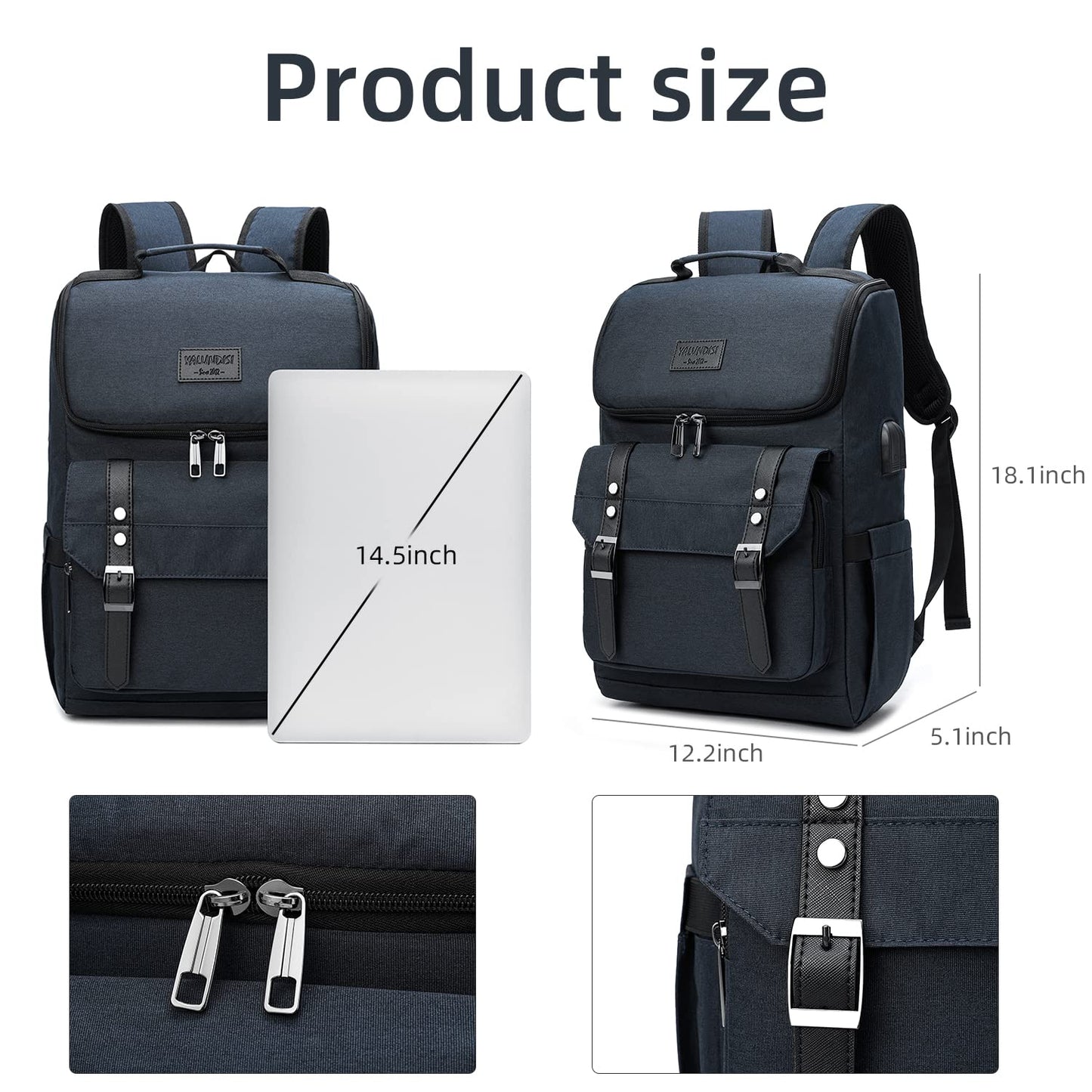 YALUNDISI Vintage Laptop Backpack with USB, Black