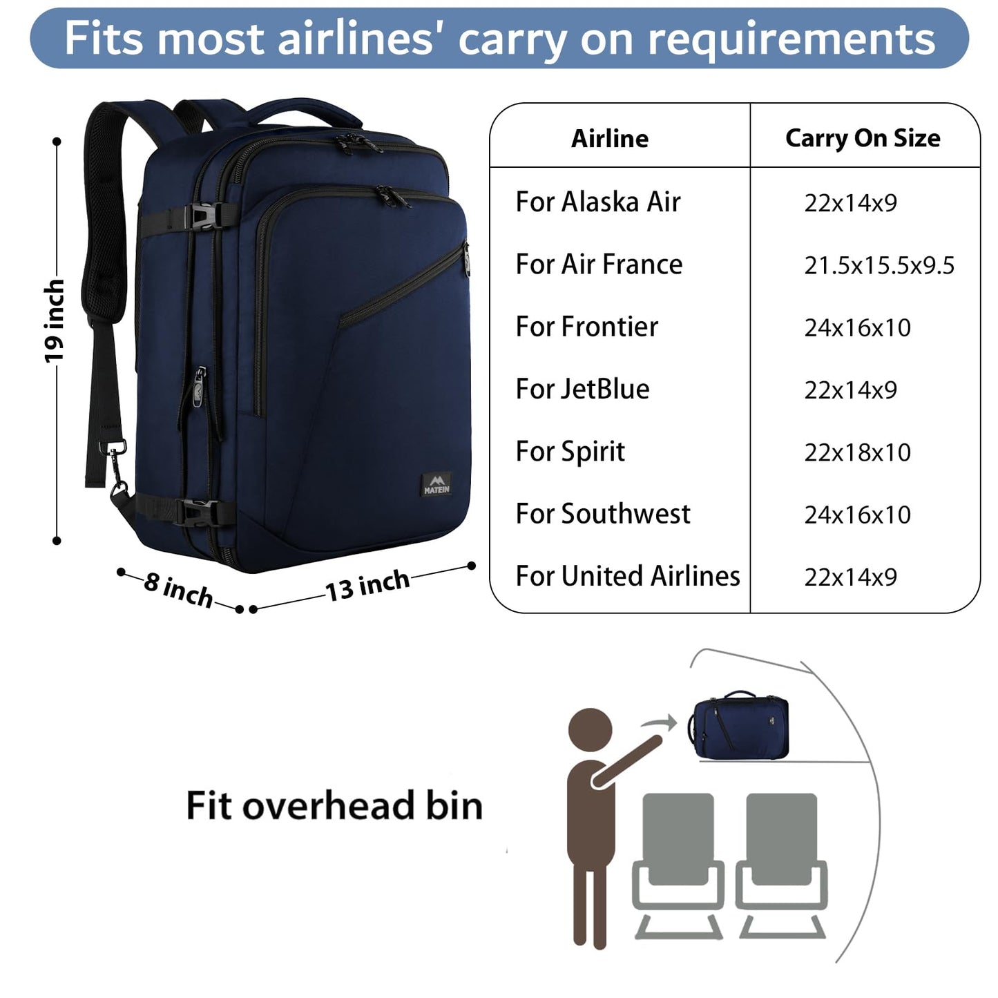 MATEIN 40L Carry-On Travel Backpack, Black