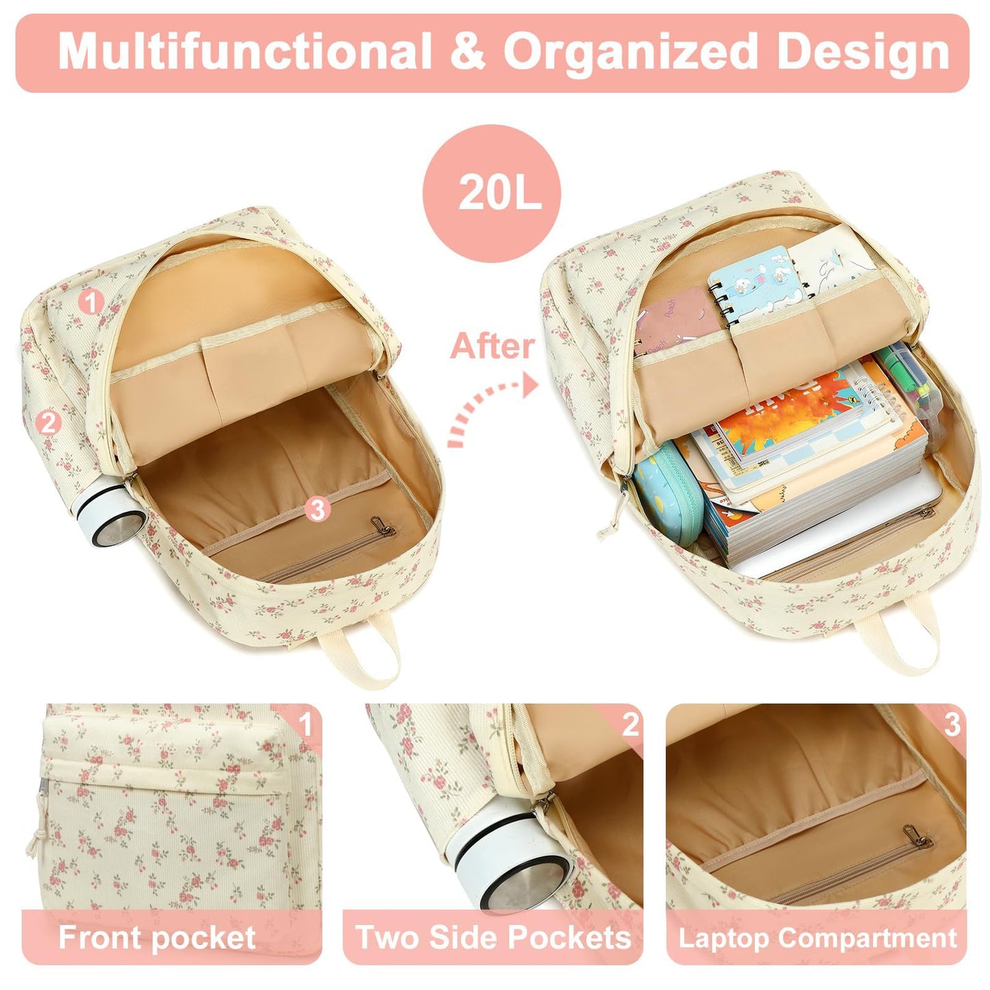 School Backpack for Teen Girls & Women, Corduroy