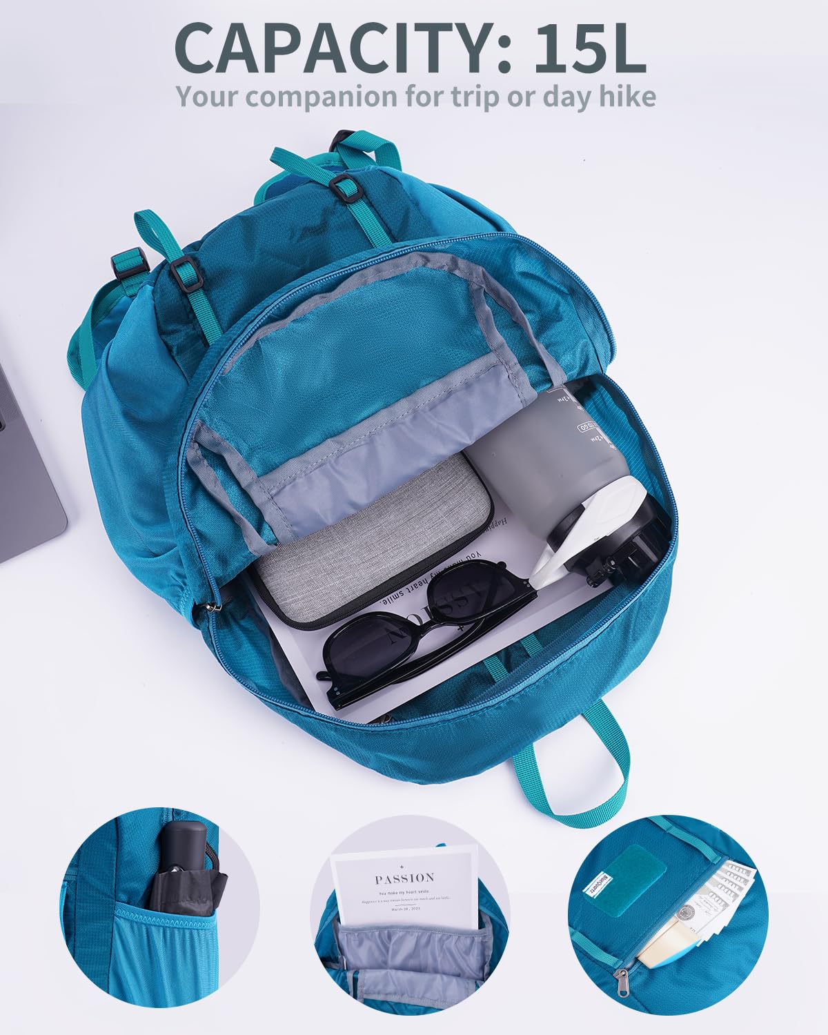 Blue Quartz 15L Ultralight Hiking Backpack, Foldable