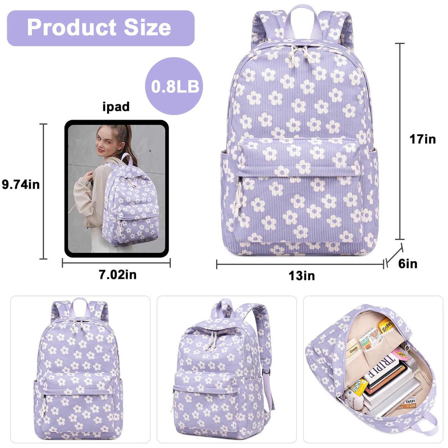 School Backpack for Teen Girls & Women, Corduroy