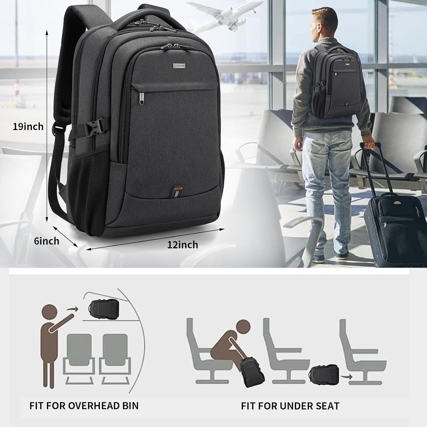 DUSLANG 17" Travel Laptop Backpack with USB, Black