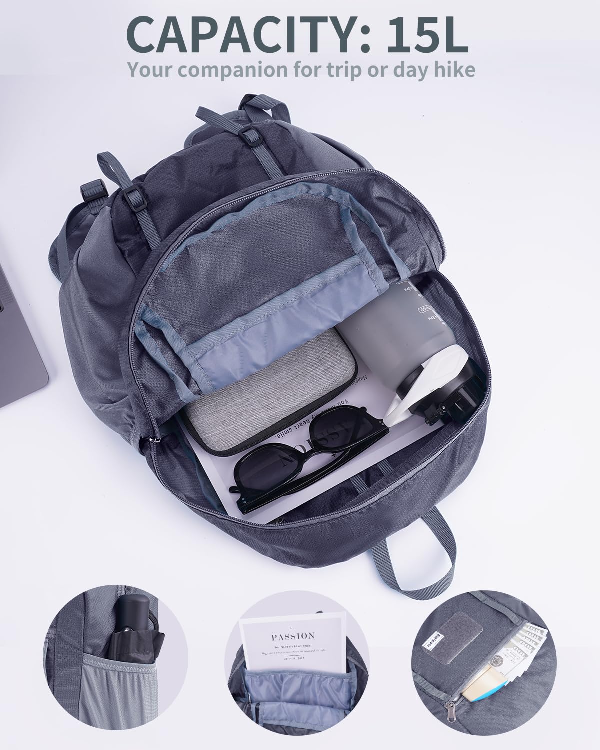 Blue Quartz 15L Ultralight Hiking Backpack, Foldable
