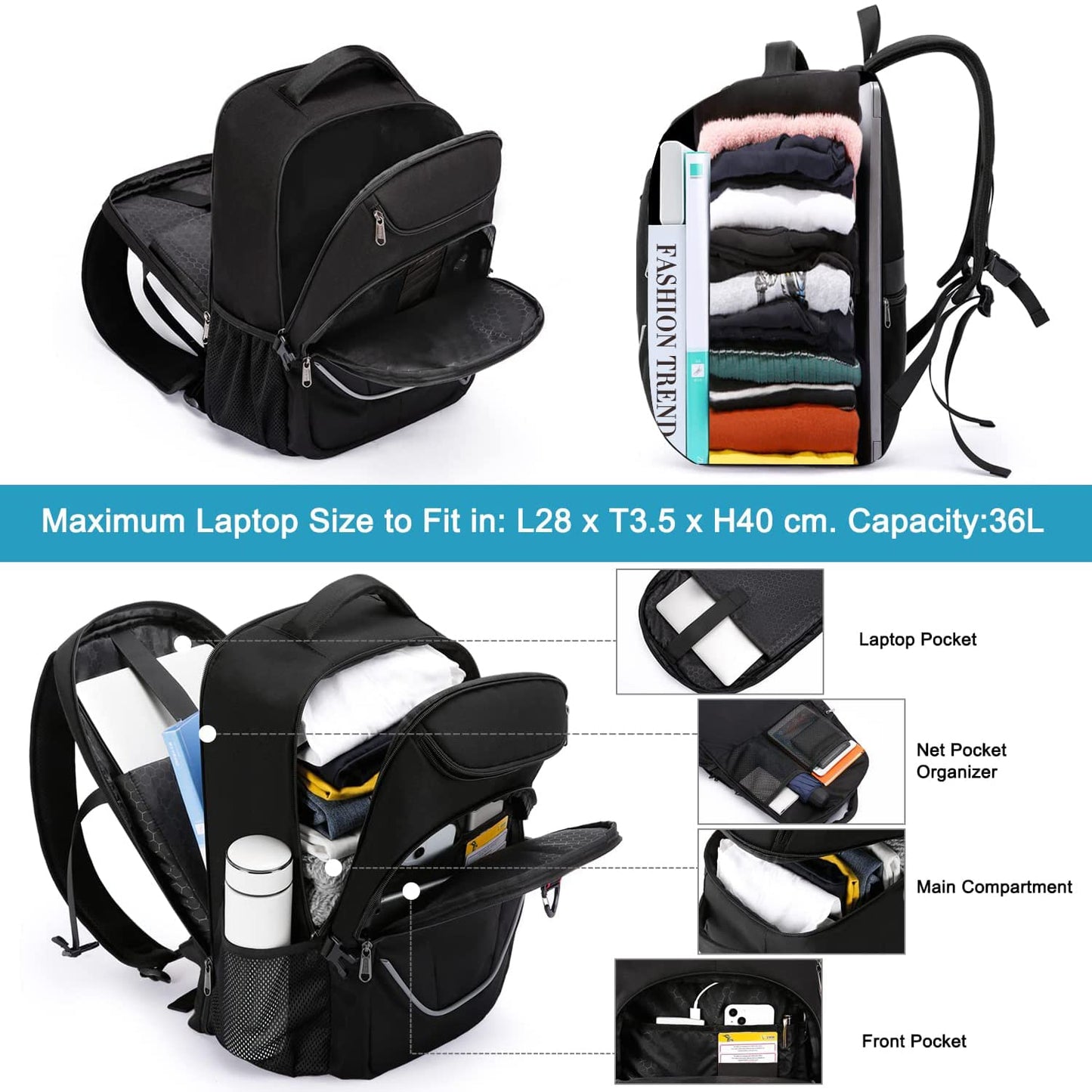 Travel Laptop Backpack, Black Backpack for Men and Women