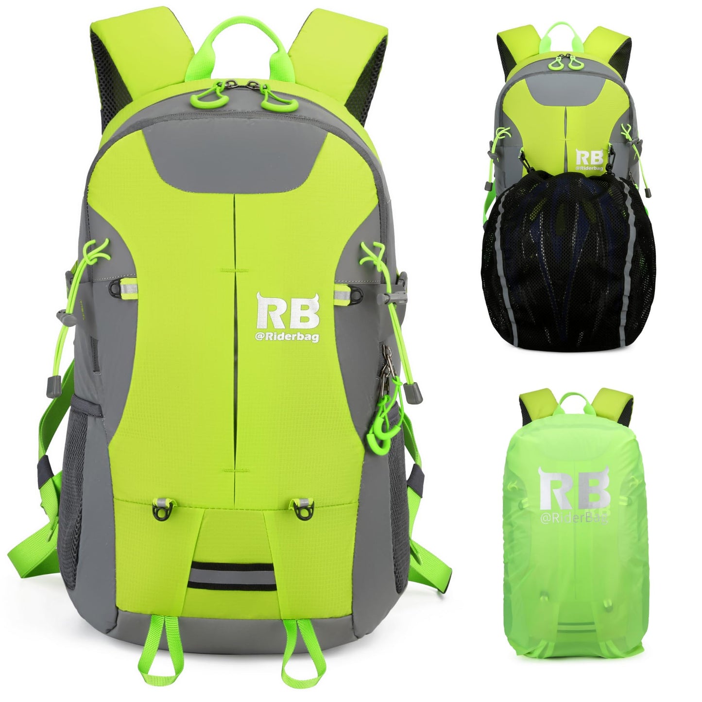 Reflective Motorcycle Backpack with Helmet Holder, Green