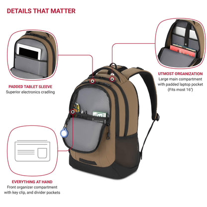 SwissGear Cecil 5505 Laptop Backpack, Pastel Brown/Black, 18-Inch