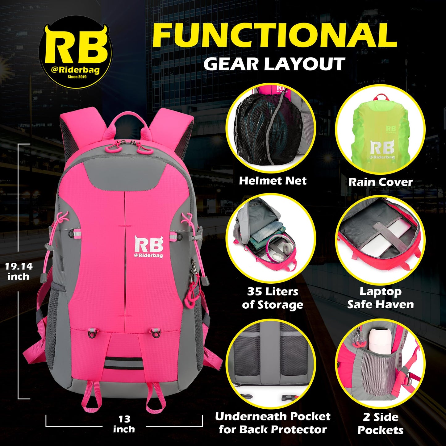 Reflective Motorcycle Backpack with Helmet Holder, Green