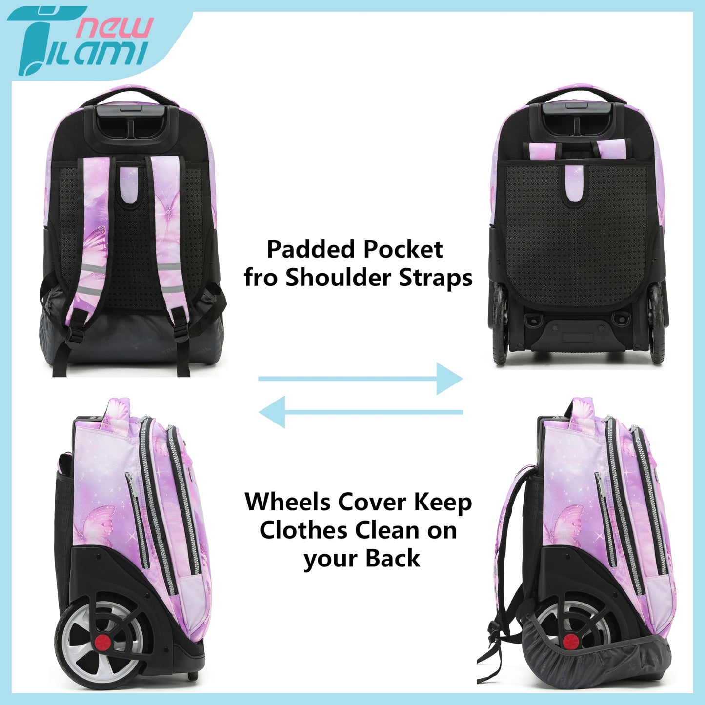 NEW TILAMI 19" Rolling Backpack for kids, Adjustable Laptop Backpack