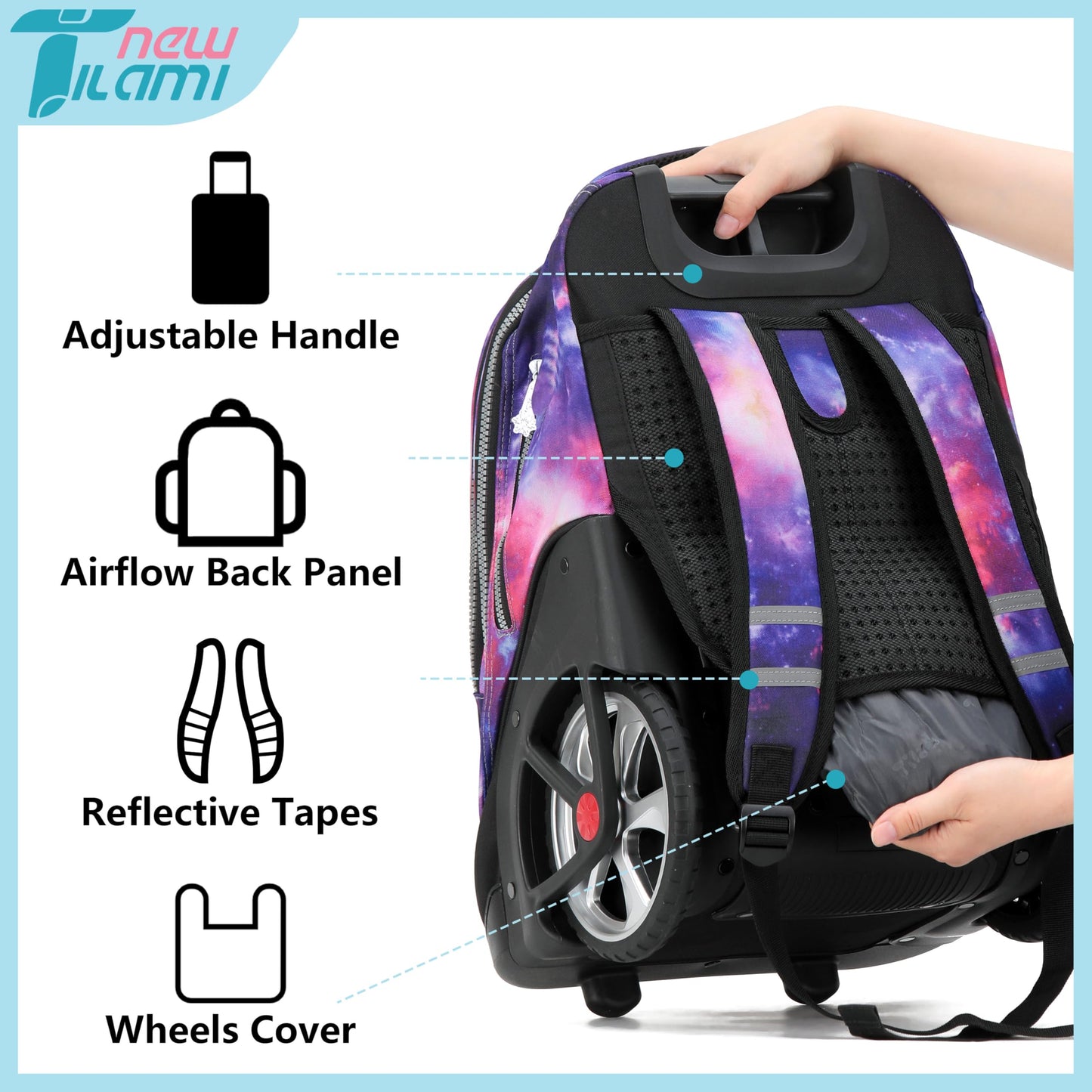 NEW TILAMI 19" Rolling Backpack for kids, Adjustable Laptop Backpack
