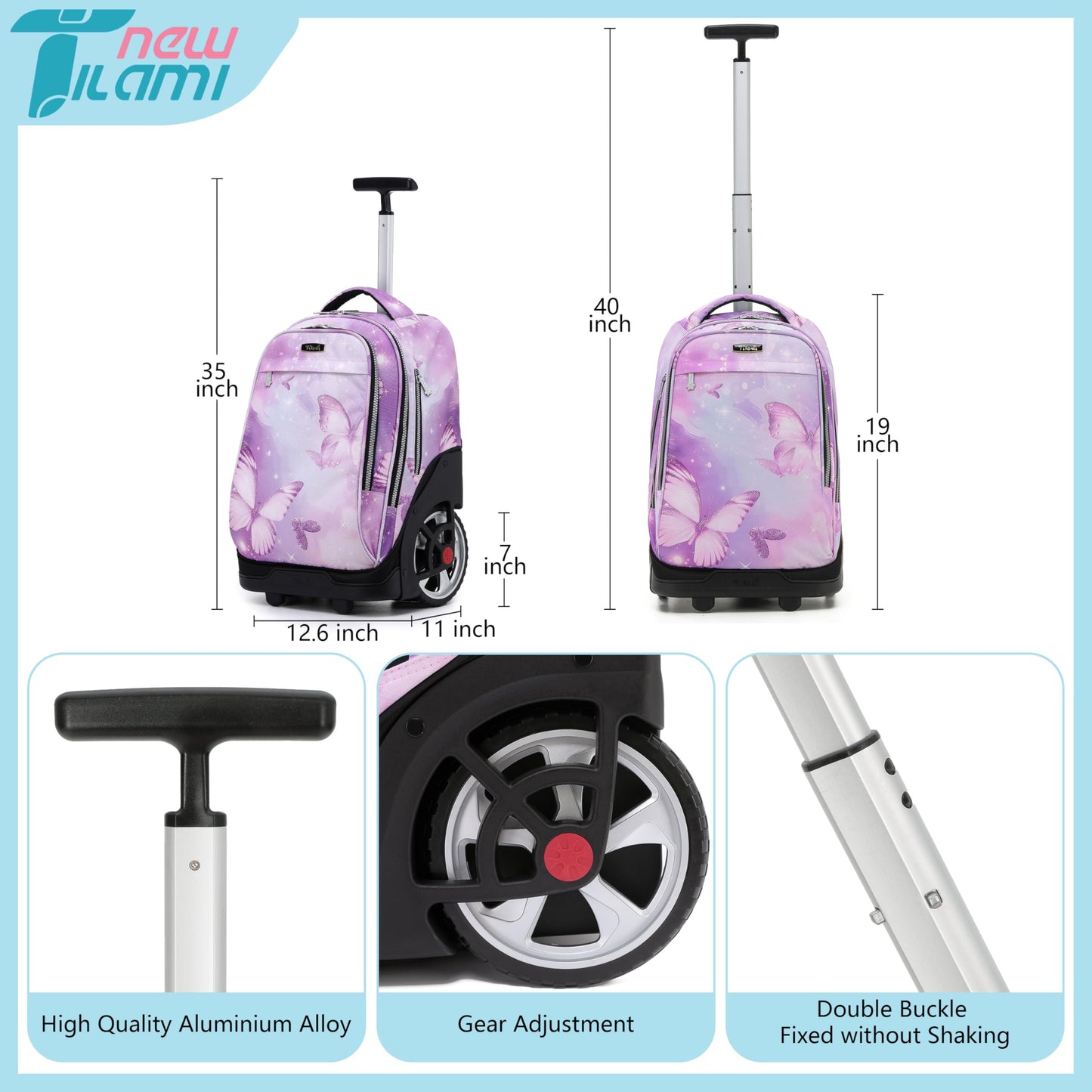 NEW TILAMI 19" Rolling Backpack for kids, Adjustable Laptop Backpack