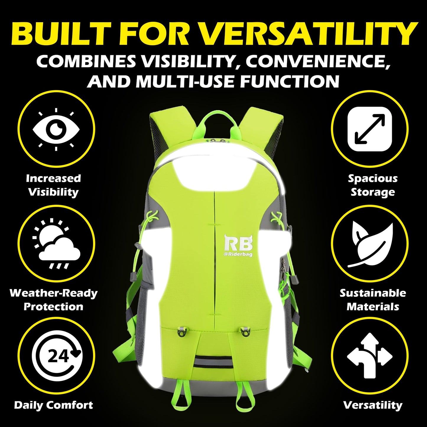 Reflective Motorcycle Backpack with Helmet Holder, Green