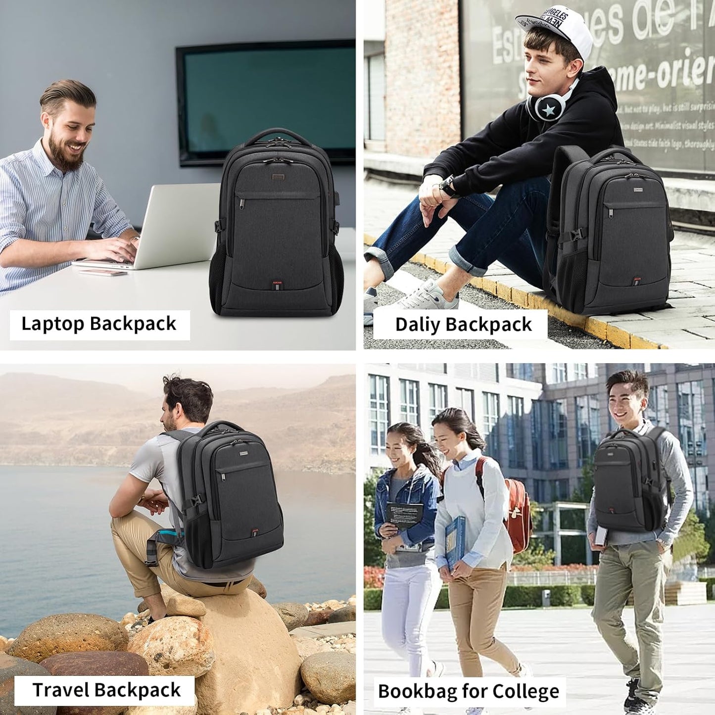 DUSLANG 17" Travel Laptop Backpack with USB, Black