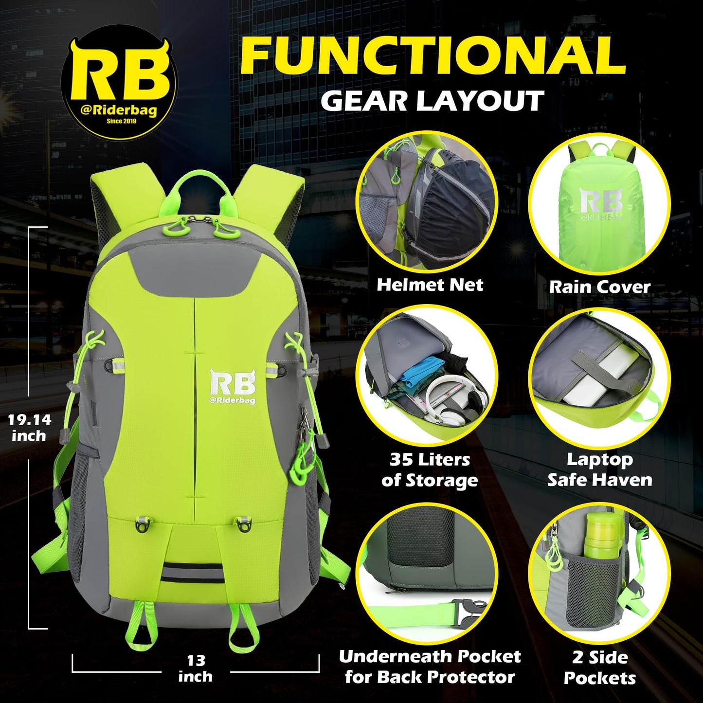 Reflective Motorcycle Backpack with Helmet Holder, Green