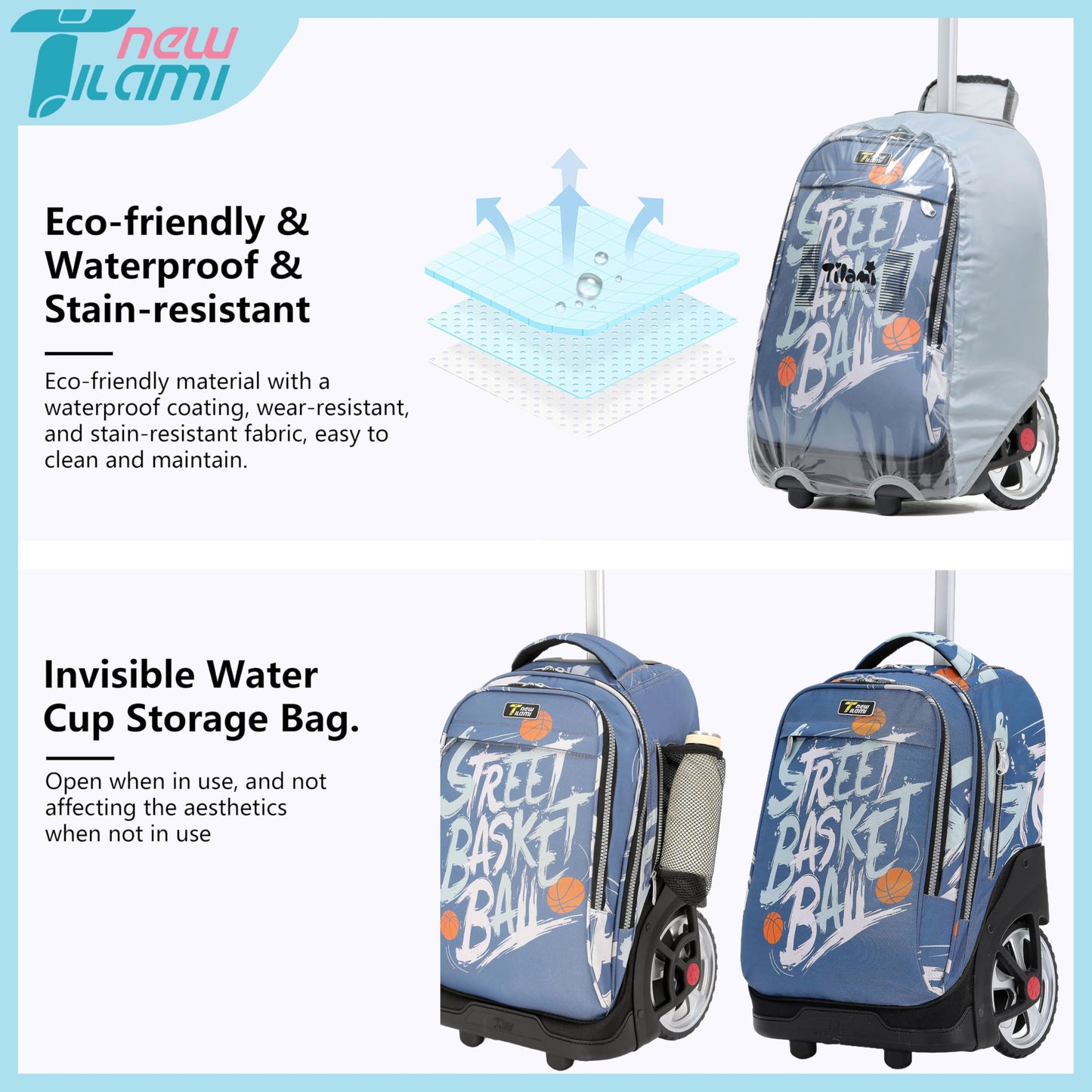 NEW TILAMI 19" Rolling Backpack for kids, Adjustable Laptop Backpack