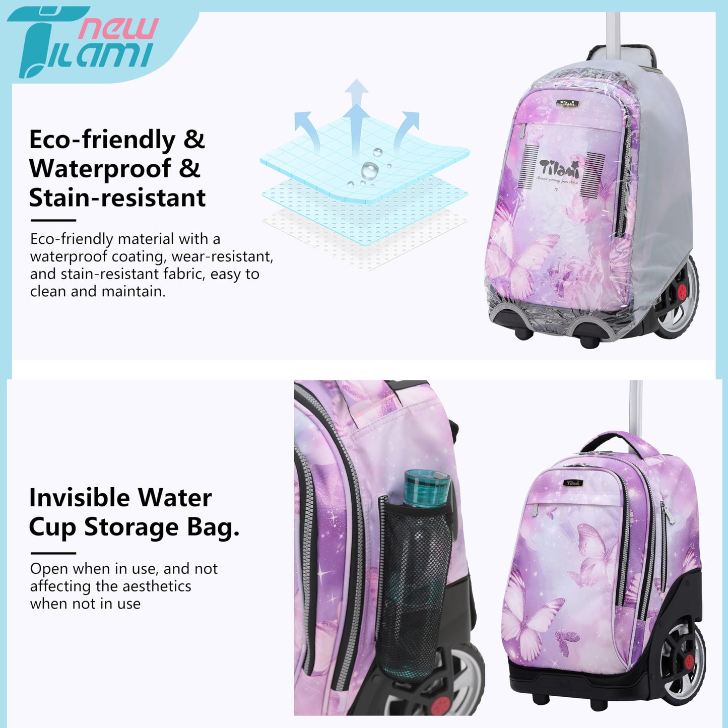 NEW TILAMI 19" Rolling Backpack for kids, Adjustable Laptop Backpack
