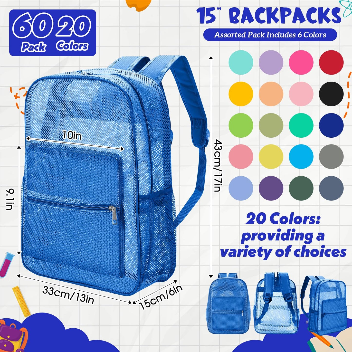 Amylove 17" Mesh Backpack – 48 Pack, Colorful