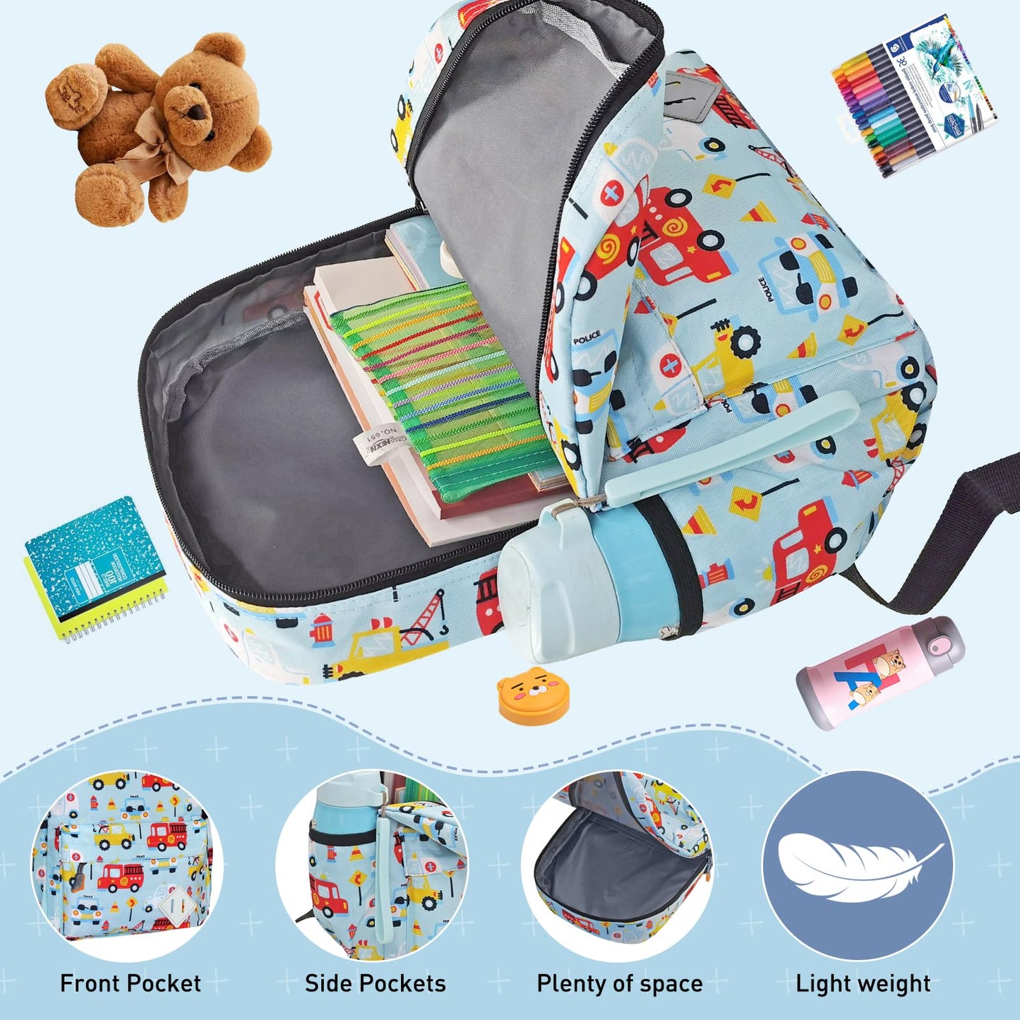 15" Kids Backpack for Preschool – Cute Car Design,