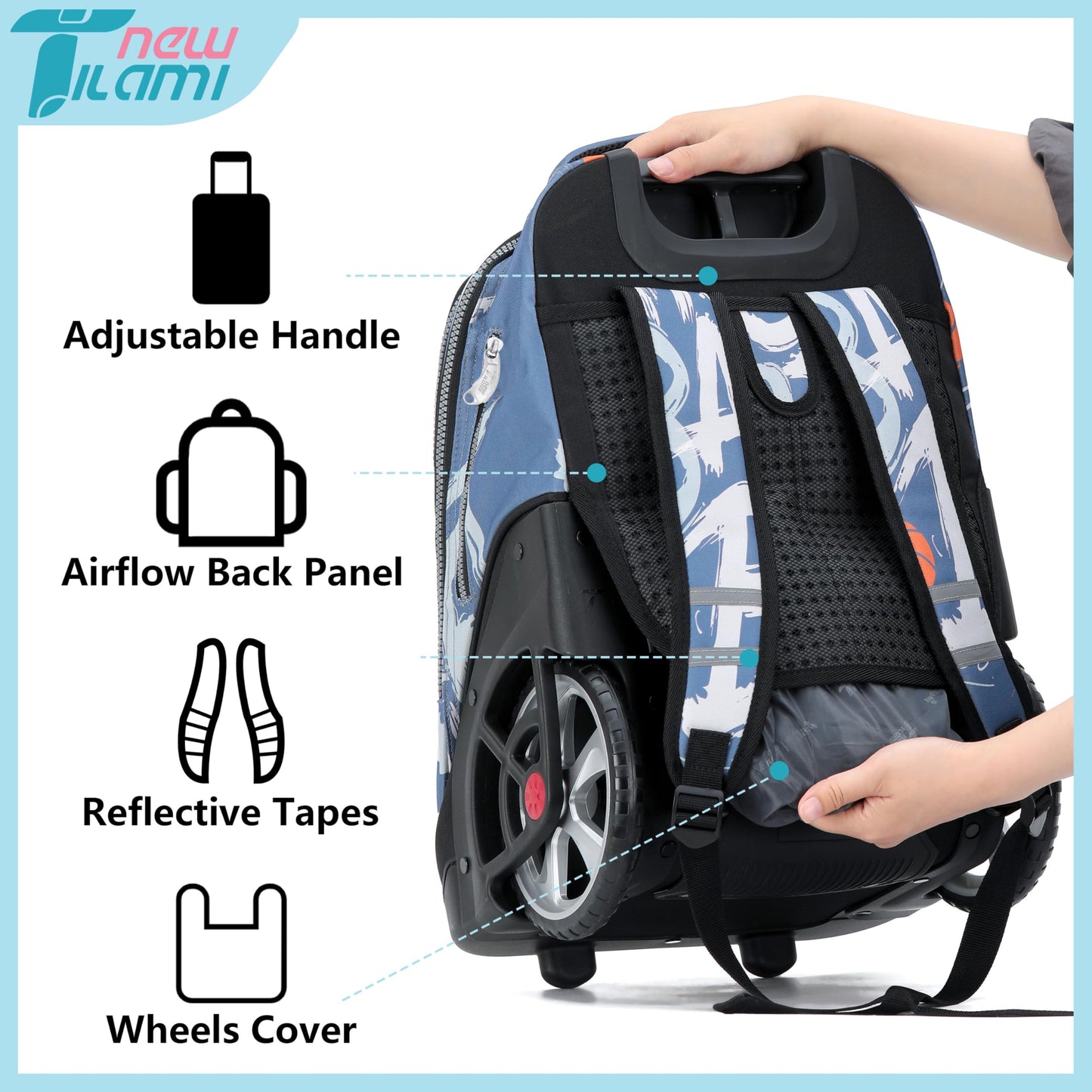 NEW TILAMI 19" Rolling Backpack for kids, Adjustable Laptop Backpack