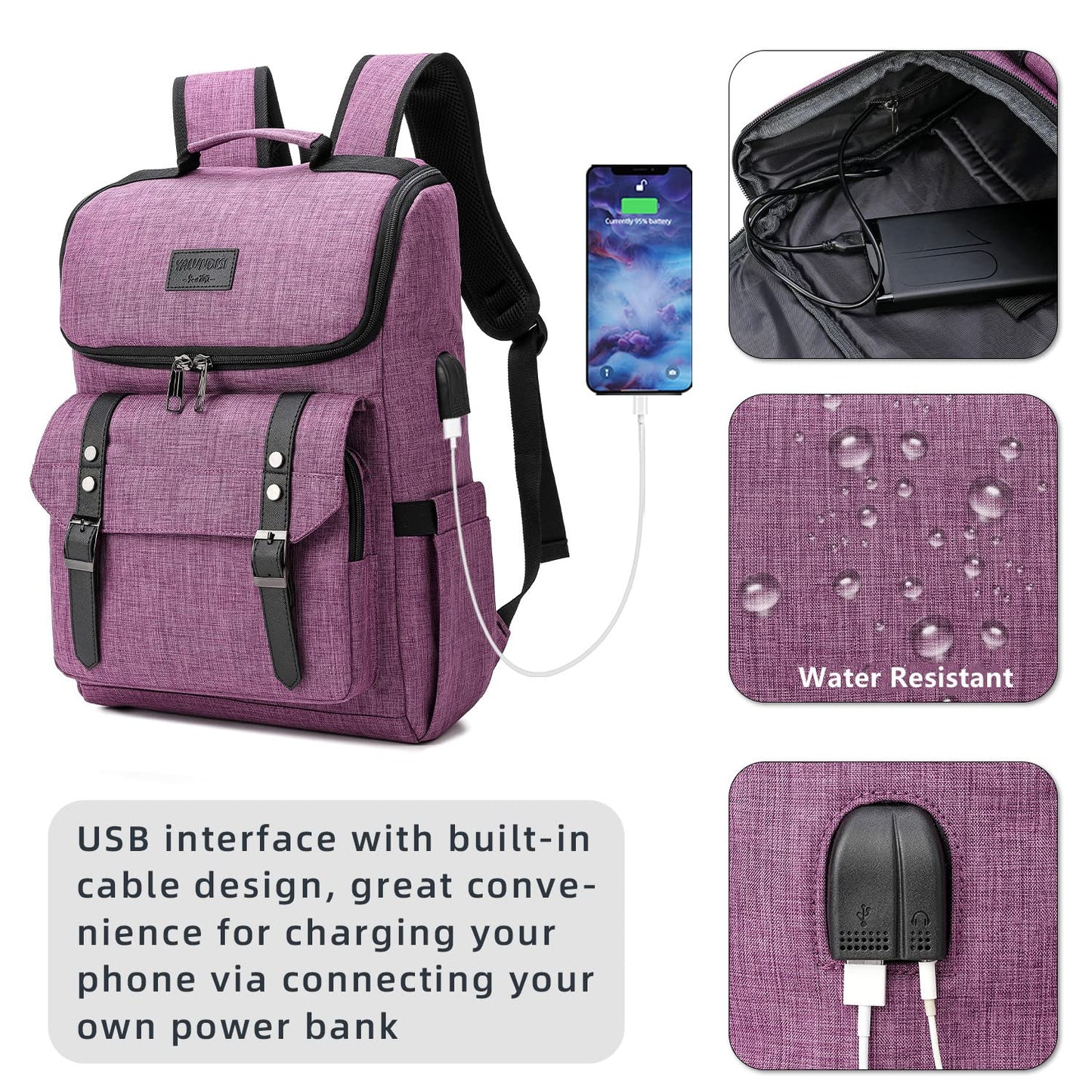 YALUNDISI Vintage Laptop Backpack with USB, Black