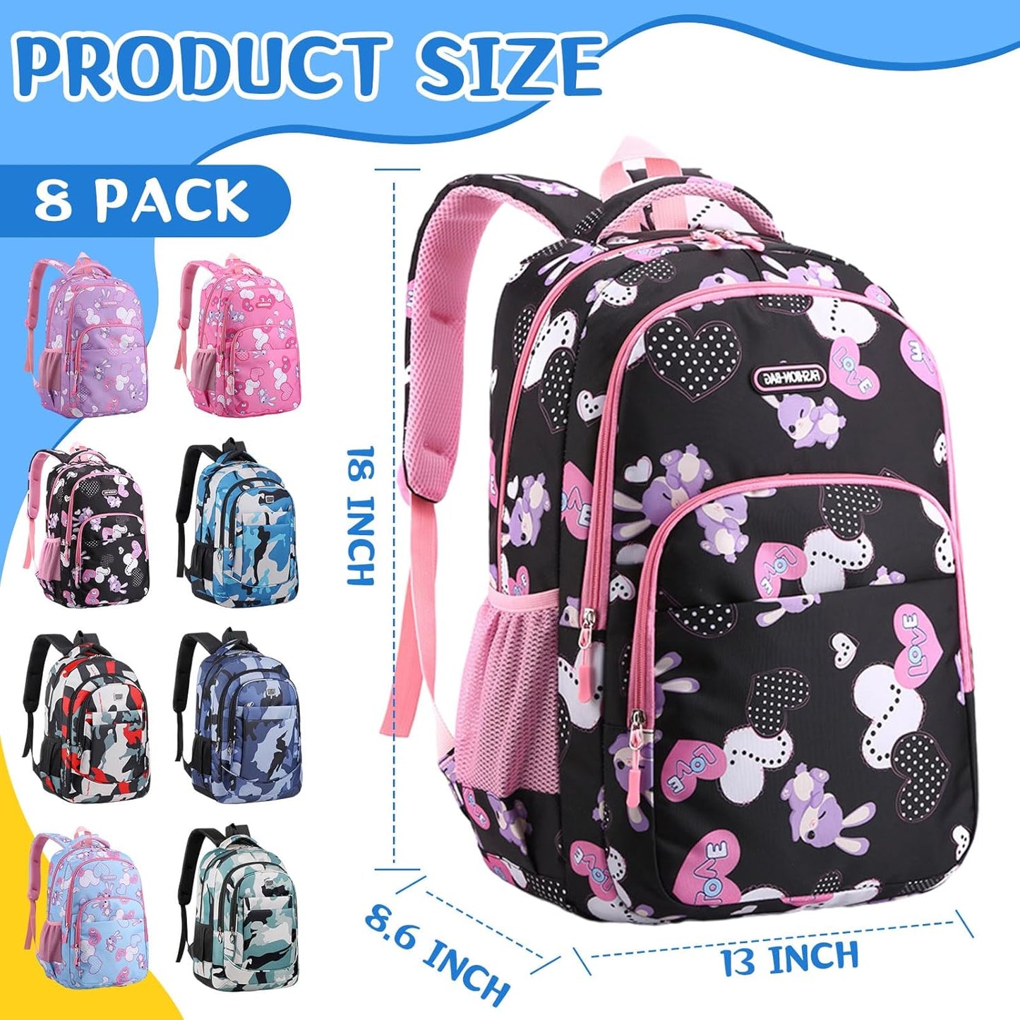 PerKoop 8 Pieces Backpacks Boys and Girls 17 Inch School Bag