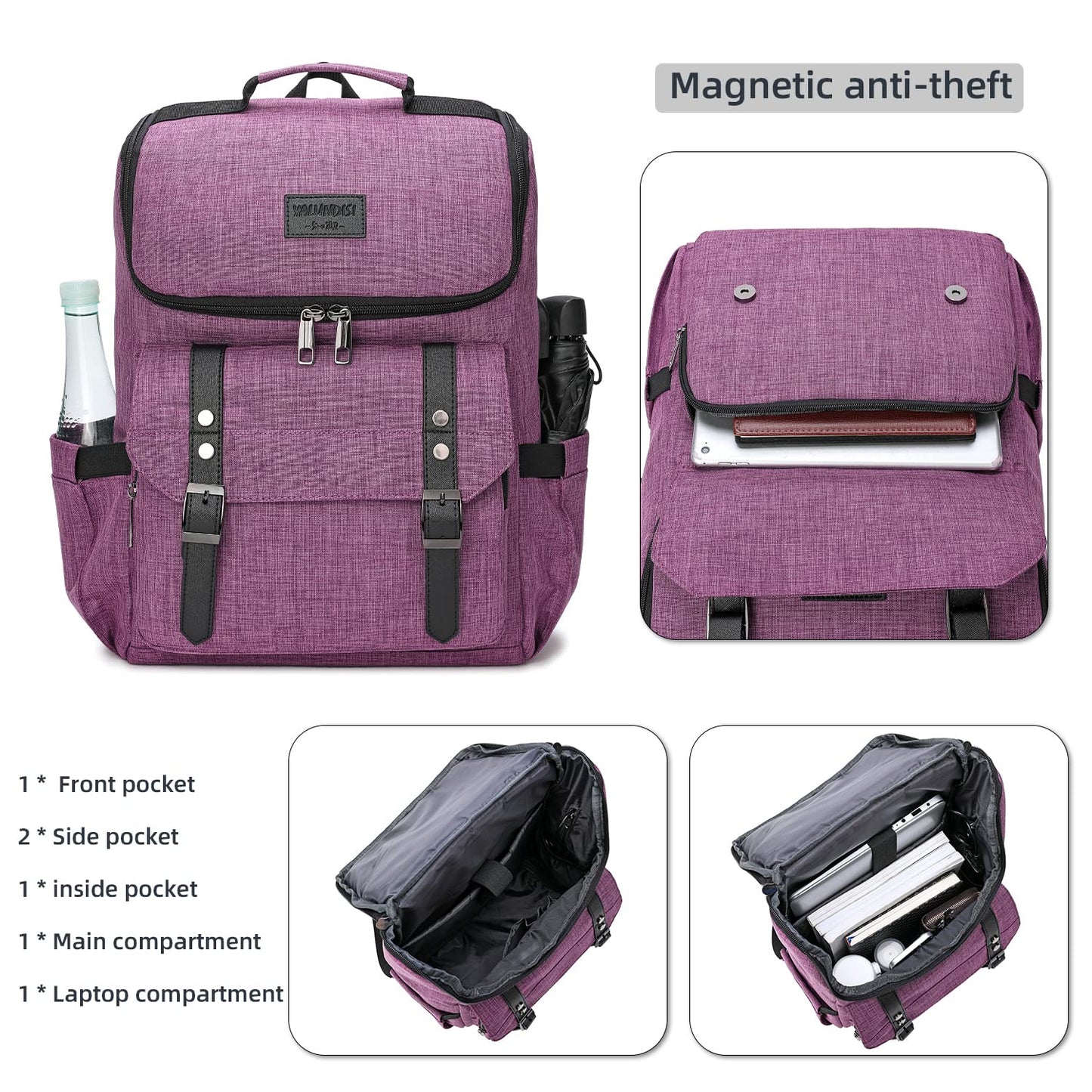 YALUNDISI Vintage Laptop Backpack with USB, Black