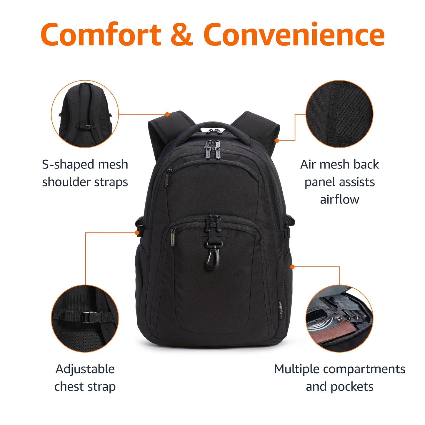 Amazon Basics Travel Laptop Backpack for 15.6 inch Laptop, Black