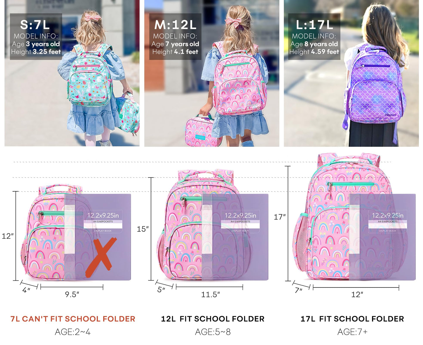 mibasies Girls Backpack 5-8: Lightweight Kids
