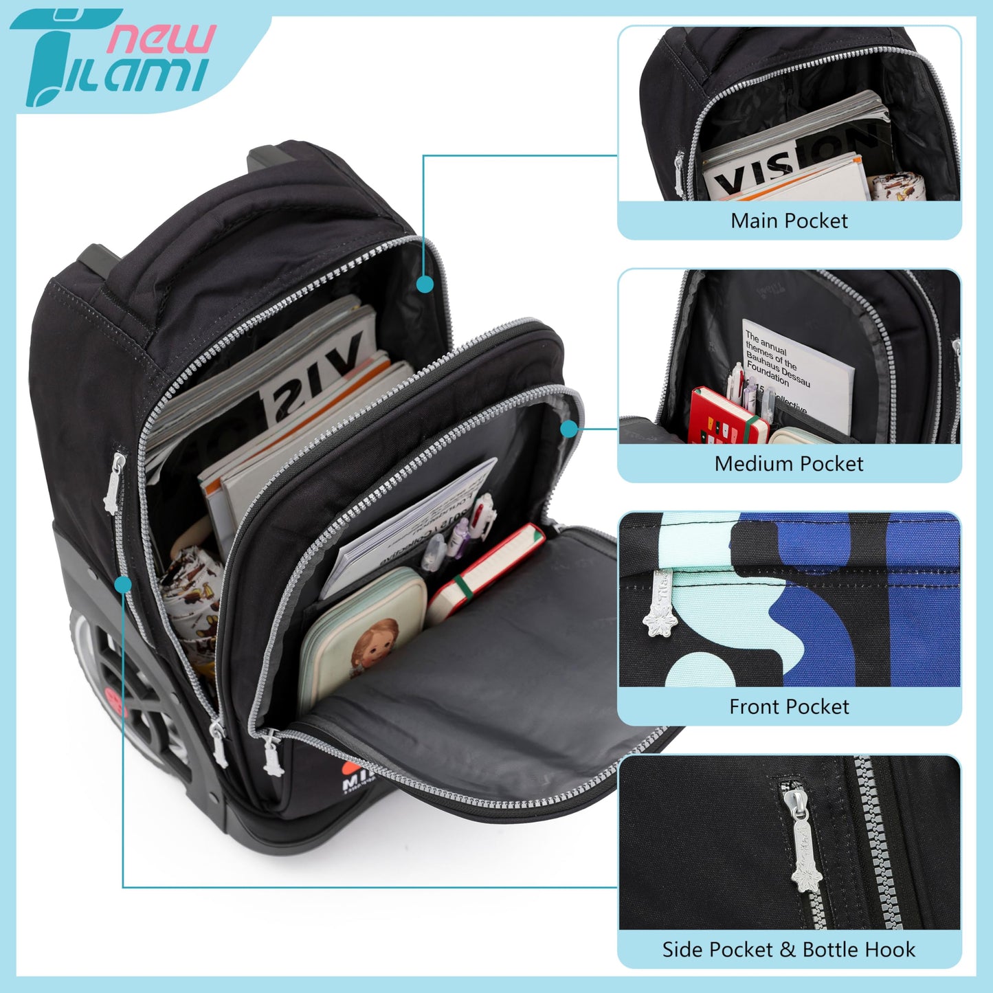 NEW TILAMI 19" Rolling Backpack for kids, Adjustable Laptop Backpack