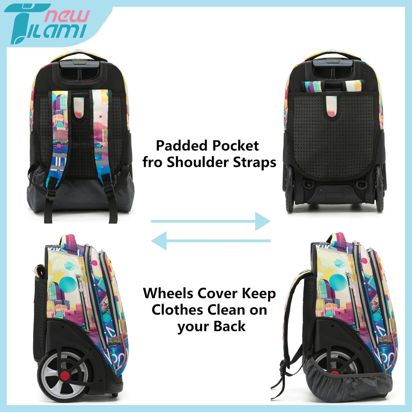 NEW TILAMI 19" Rolling Backpack for kids, Adjustable Laptop Backpack