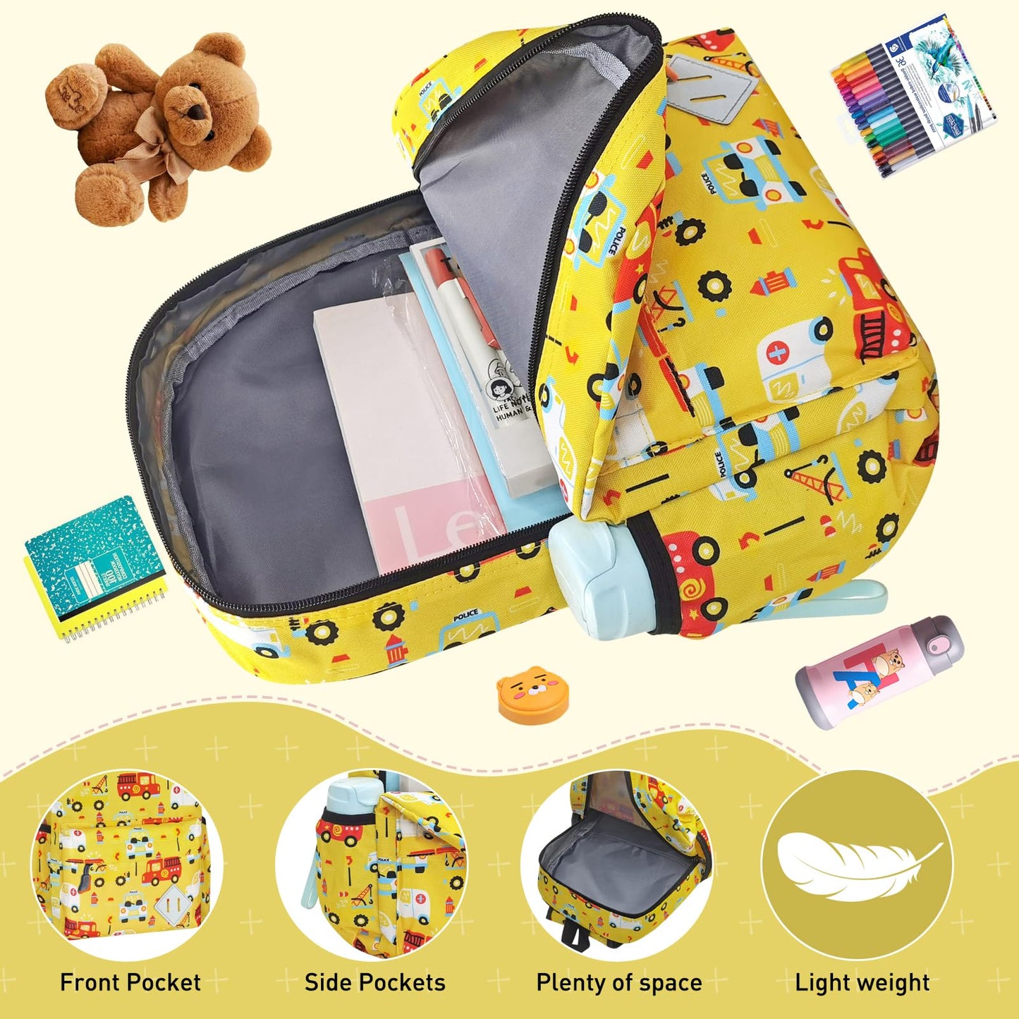 15" Kids Backpack for Preschool – Cute Car Design,