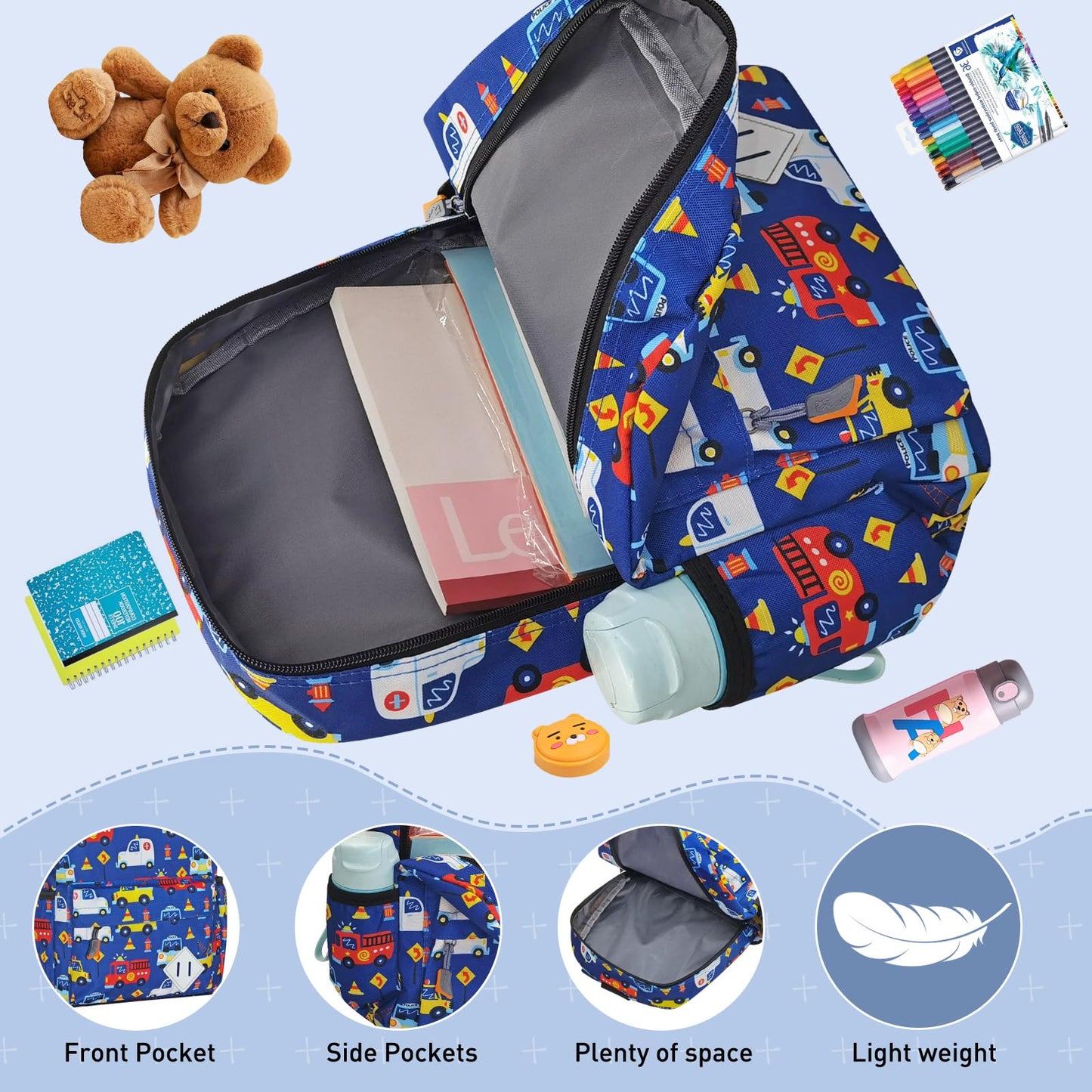 15" Kids Backpack for Preschool – Cute Car Design,