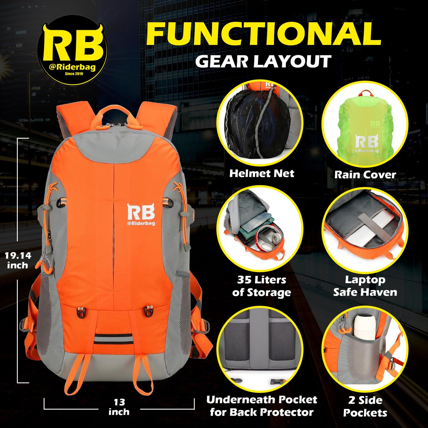 Reflective Motorcycle Backpack with Helmet Holder, Green