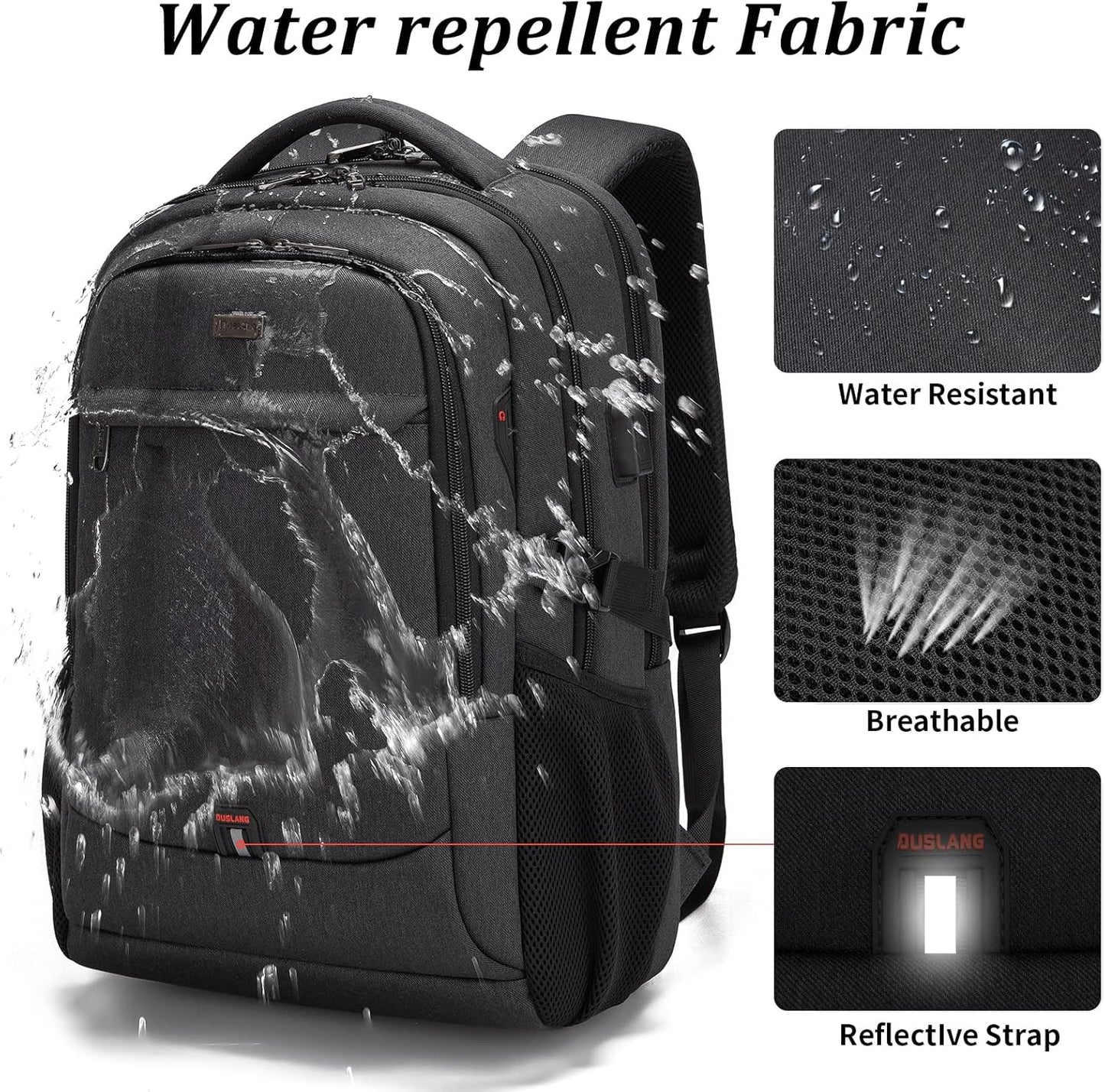 DUSLANG 17" Travel Laptop Backpack with USB, Black