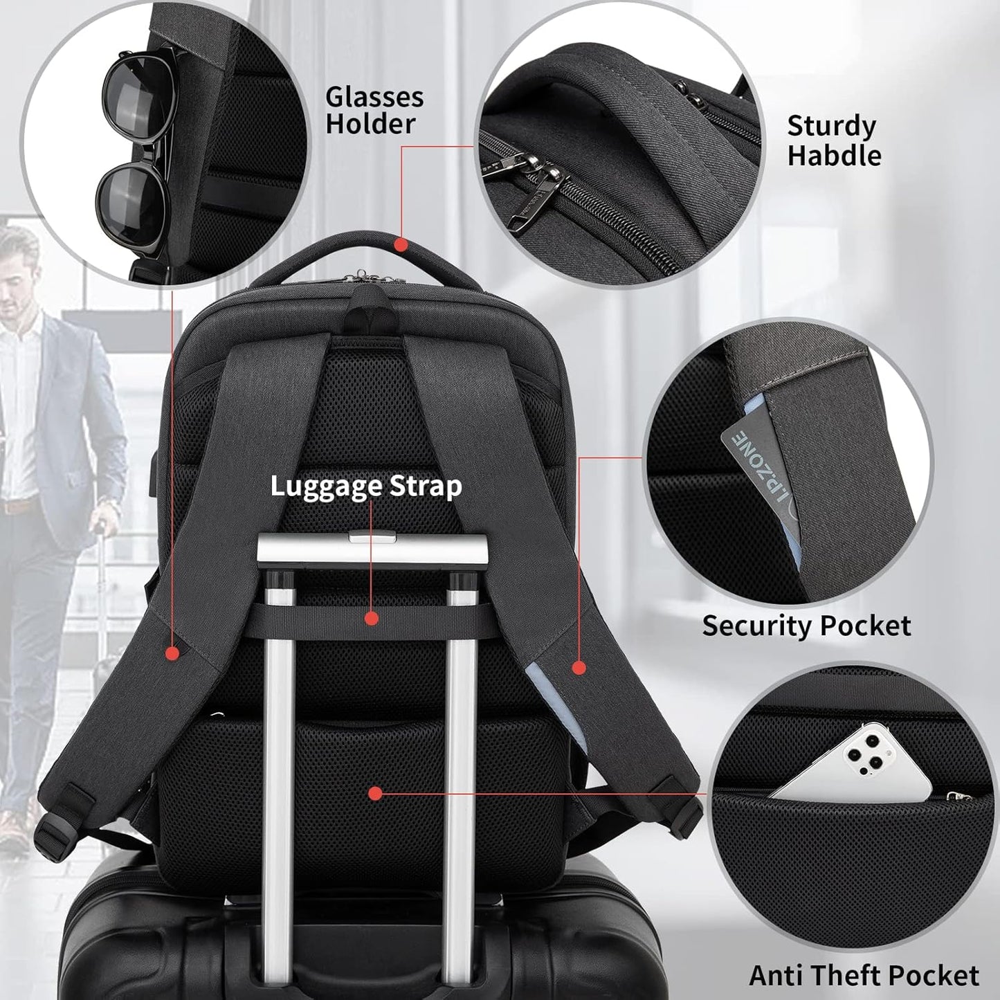 DUSLANG 17" Travel Laptop Backpack with USB, Black